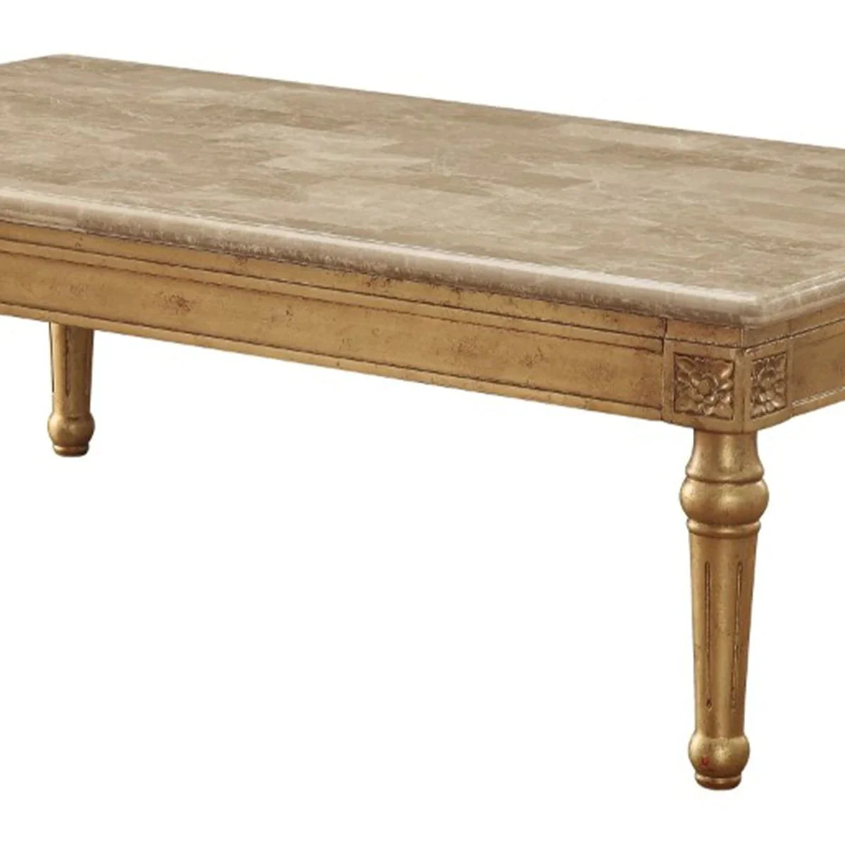 Benzara 20" Floral Carved Wood And Marble Coffee Table, Gold BM186978 - Image 5