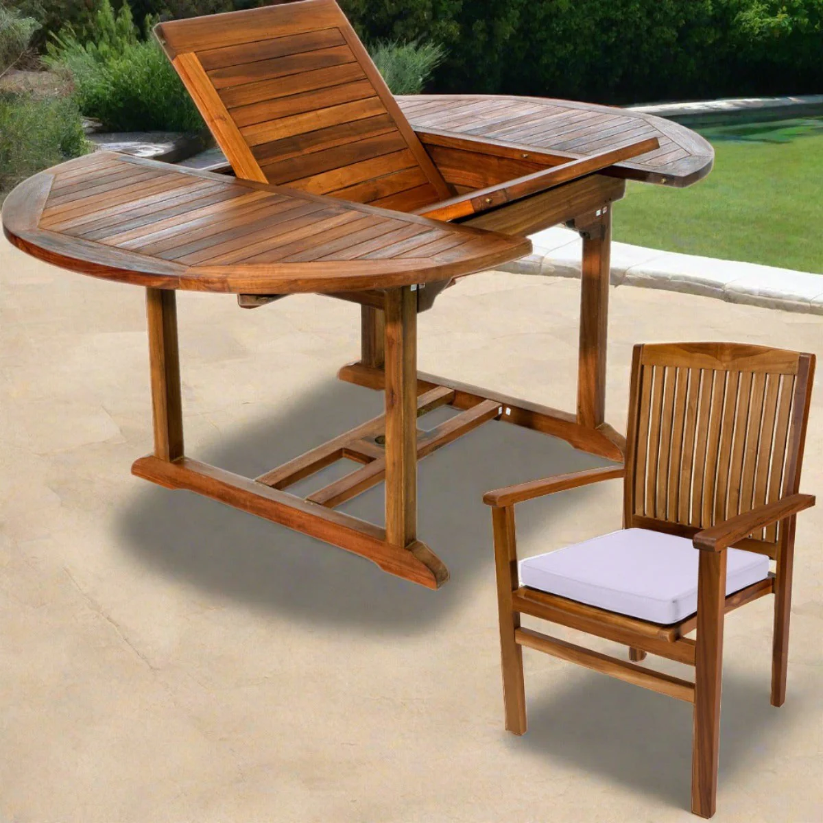 All Things Cedar 5-Piece Oval Extension Table Stacking Chair Set with Royal White Cushions TE70-24-RW