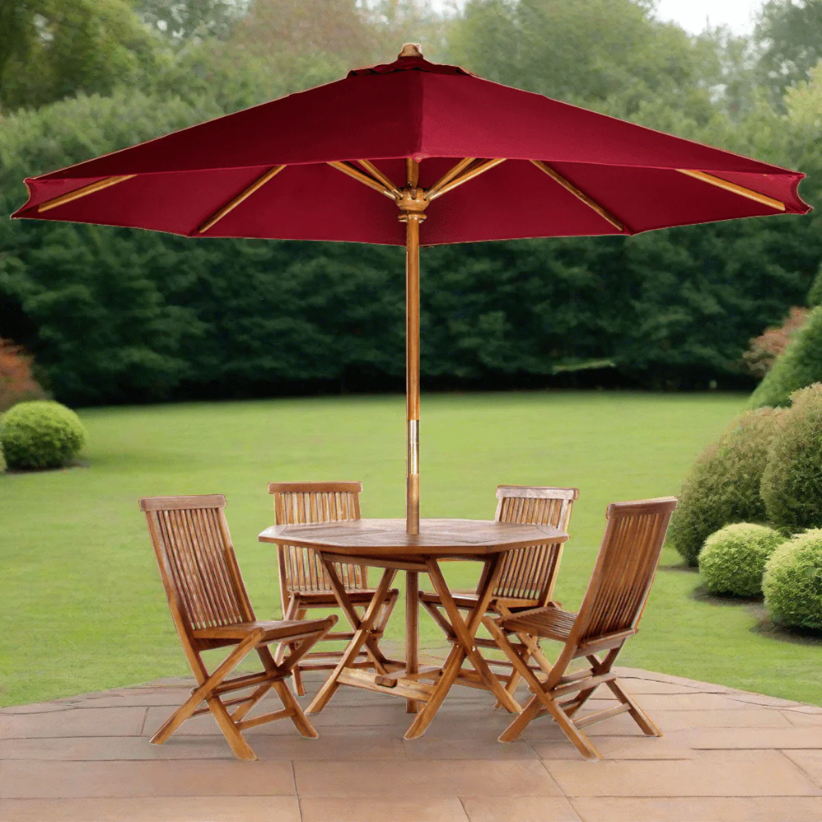 All Things Cedar 6-Piece 4-ft Teak Octagon Folding Table Set with Red Umbrella TT6P-O-R