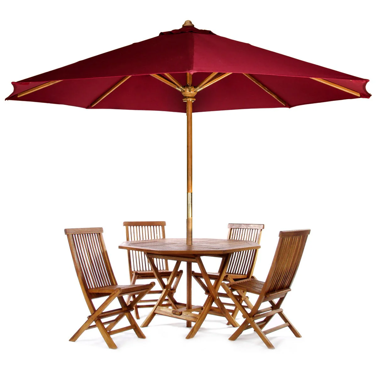 All Things Cedar 6-Piece 4-ft Teak Octagon Folding Table Set with Red Umbrella TT6P-O-R - Image 2