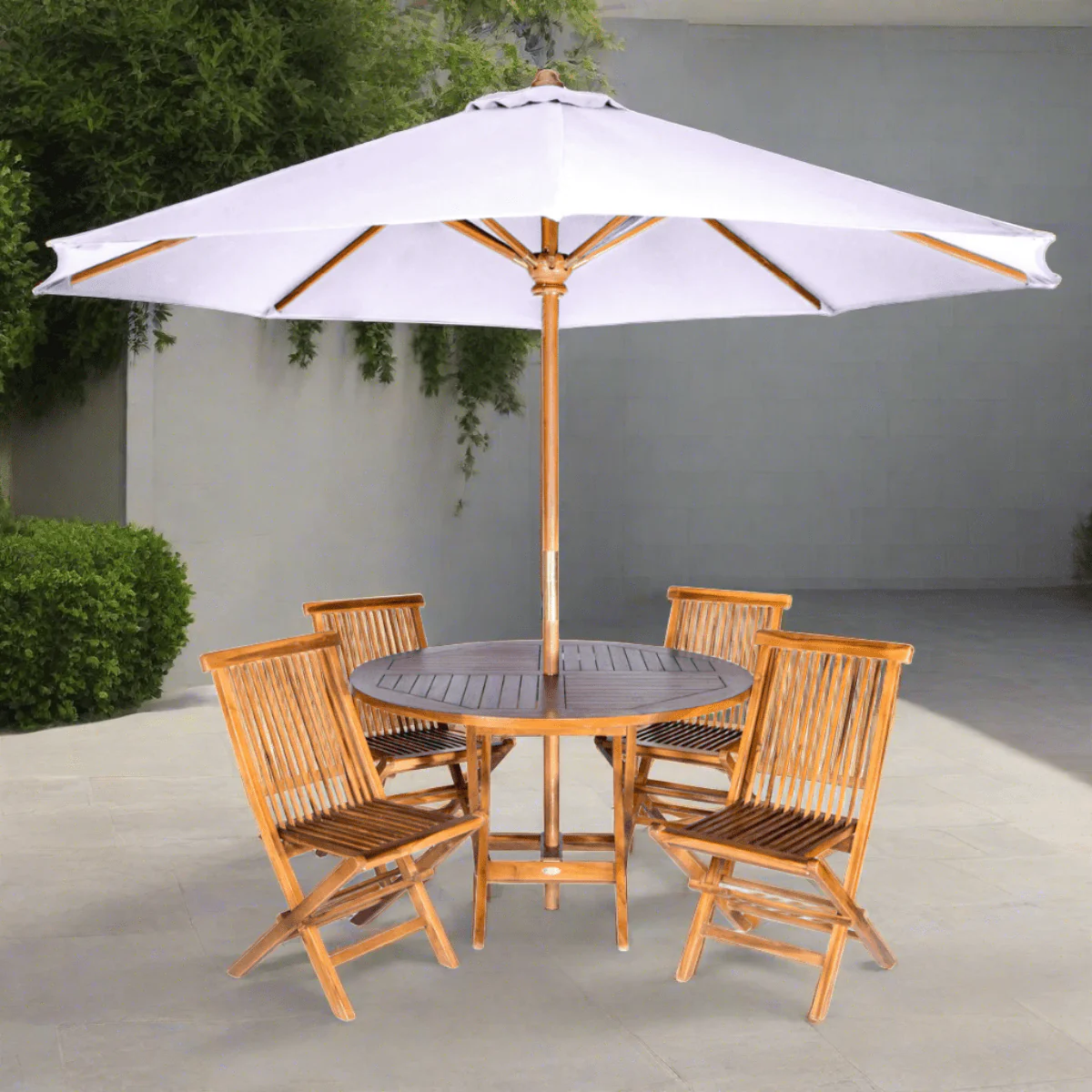 All Things Cedar 6-Piece 4-ft Teak Round Folding Table Set with Royal White Umbrella TT6P-R-RW