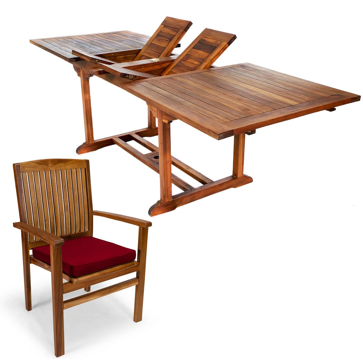 All Things Cedar 7-Piece Twin Butterfly Leaf Teak Extension Table Stacking Chair Set with Red Cushions TE90-24-R - Image 2