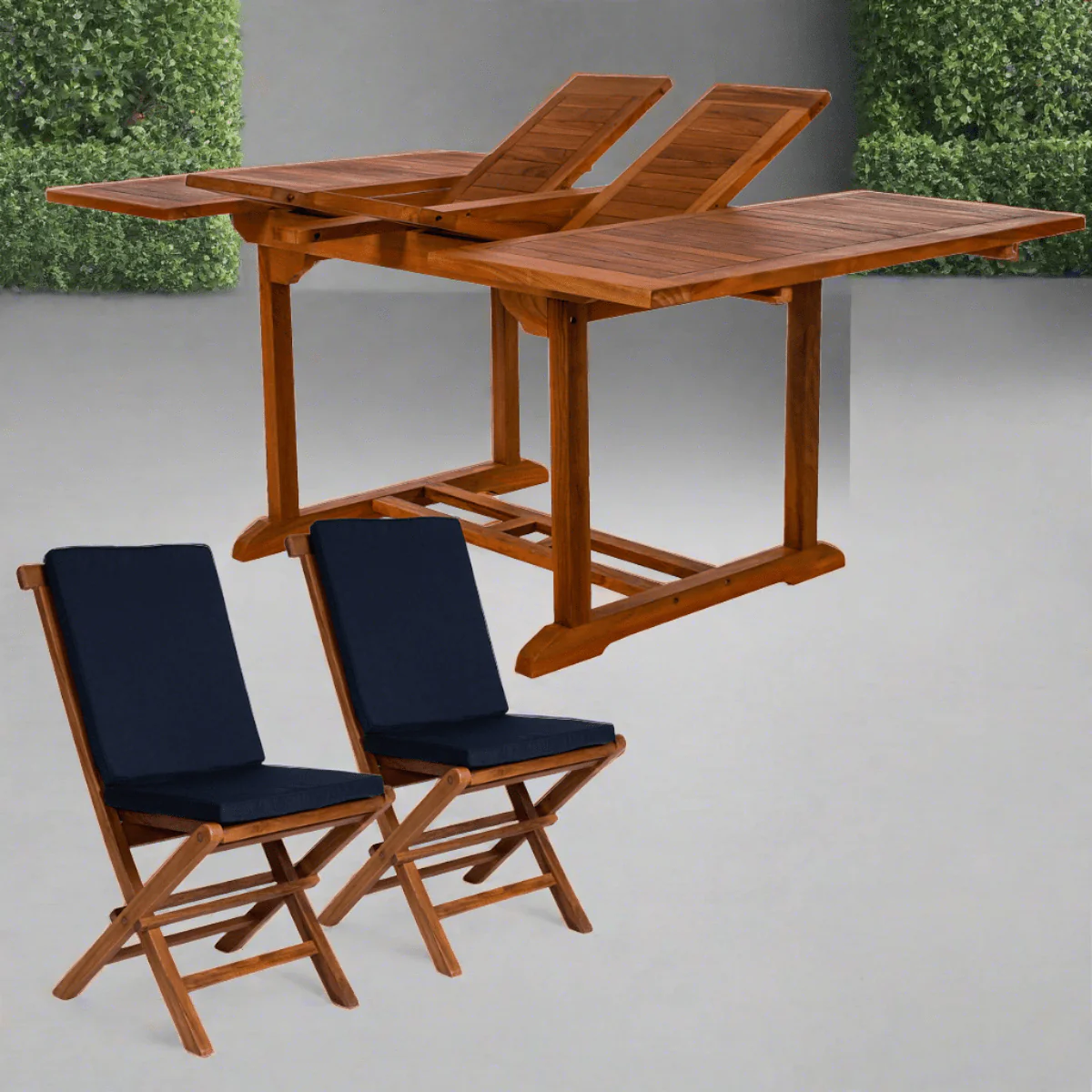 All Things Cedar 9-Piece Butterfly Extension Table Folding Chair Set with Blue Cushions TD72-22-B