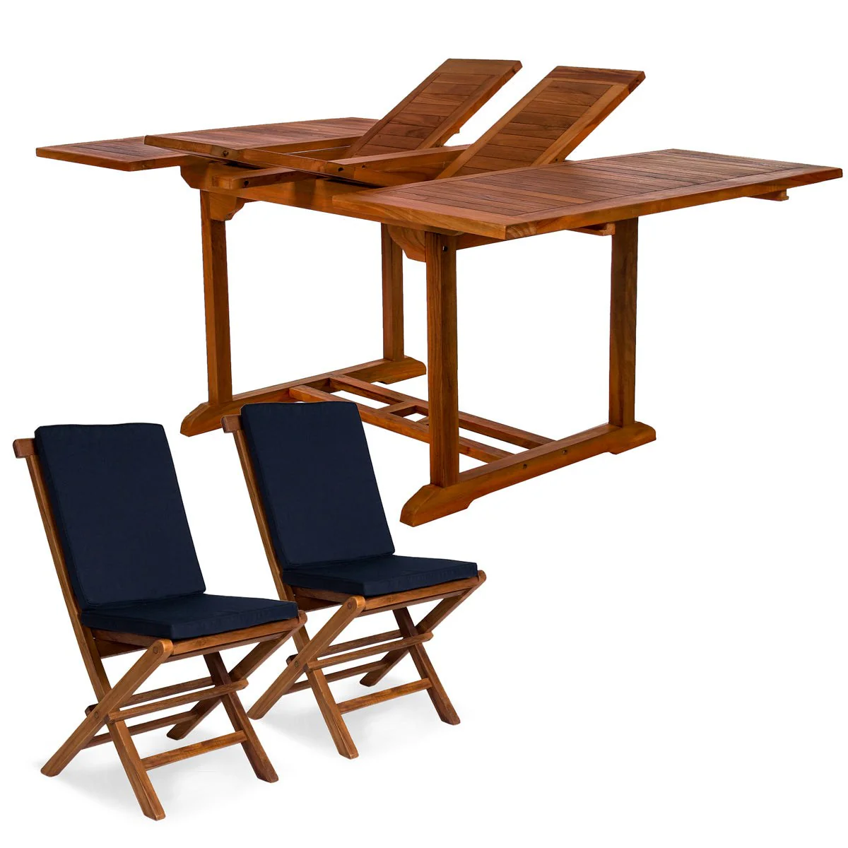All Things Cedar 9-Piece Butterfly Extension Table Folding Chair Set with Blue Cushions TD72-22-B - Image 2