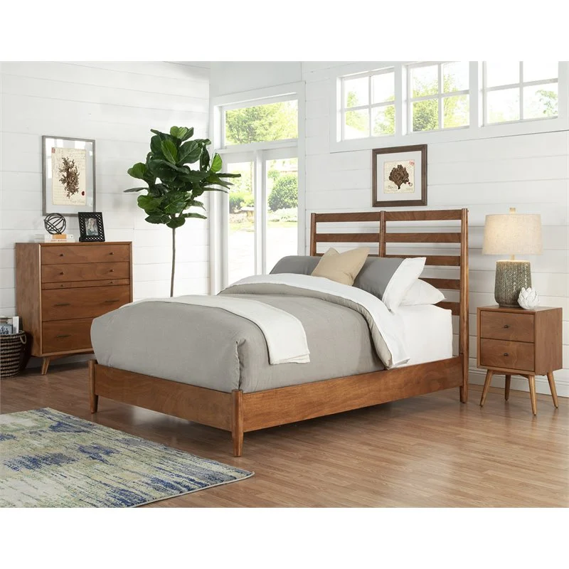 Alpine Furniture Flynn Retro California King Bed w/Slat Back Headboard, Acorn 1066-27CK