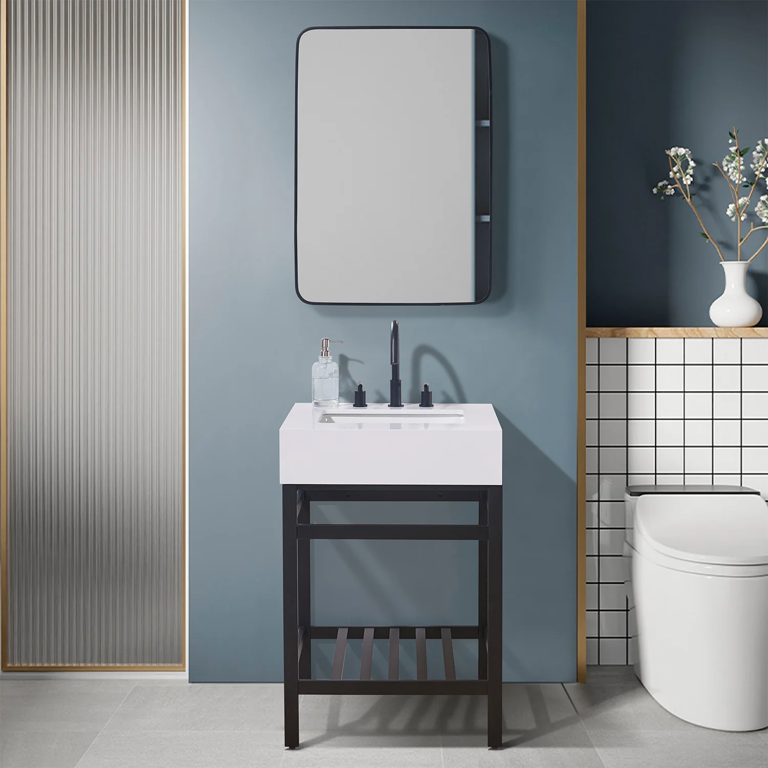 Altair Design Edolo 24" Single Stainless Steel Vanity Console in Matt Black with Snow White Stone Countertop