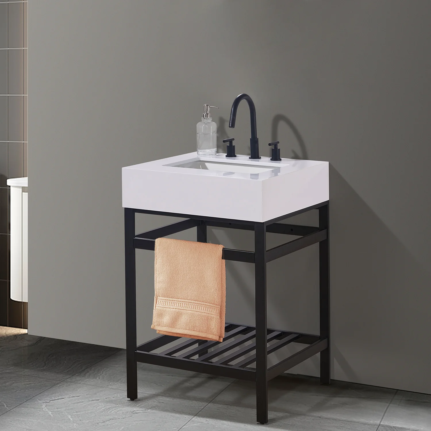 Altair Design Edolo 24" Single Stainless Steel Vanity Console in Matt Black with Snow White Stone Countertop - Image 10