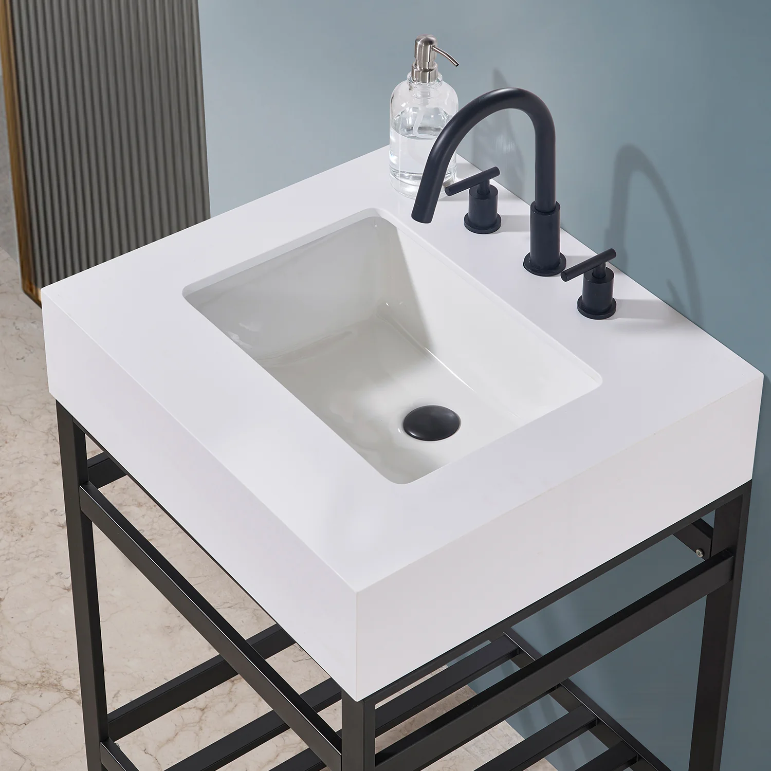 Altair Design Edolo 24" Single Stainless Steel Vanity Console in Matt Black with Snow White Stone Countertop - Image 14