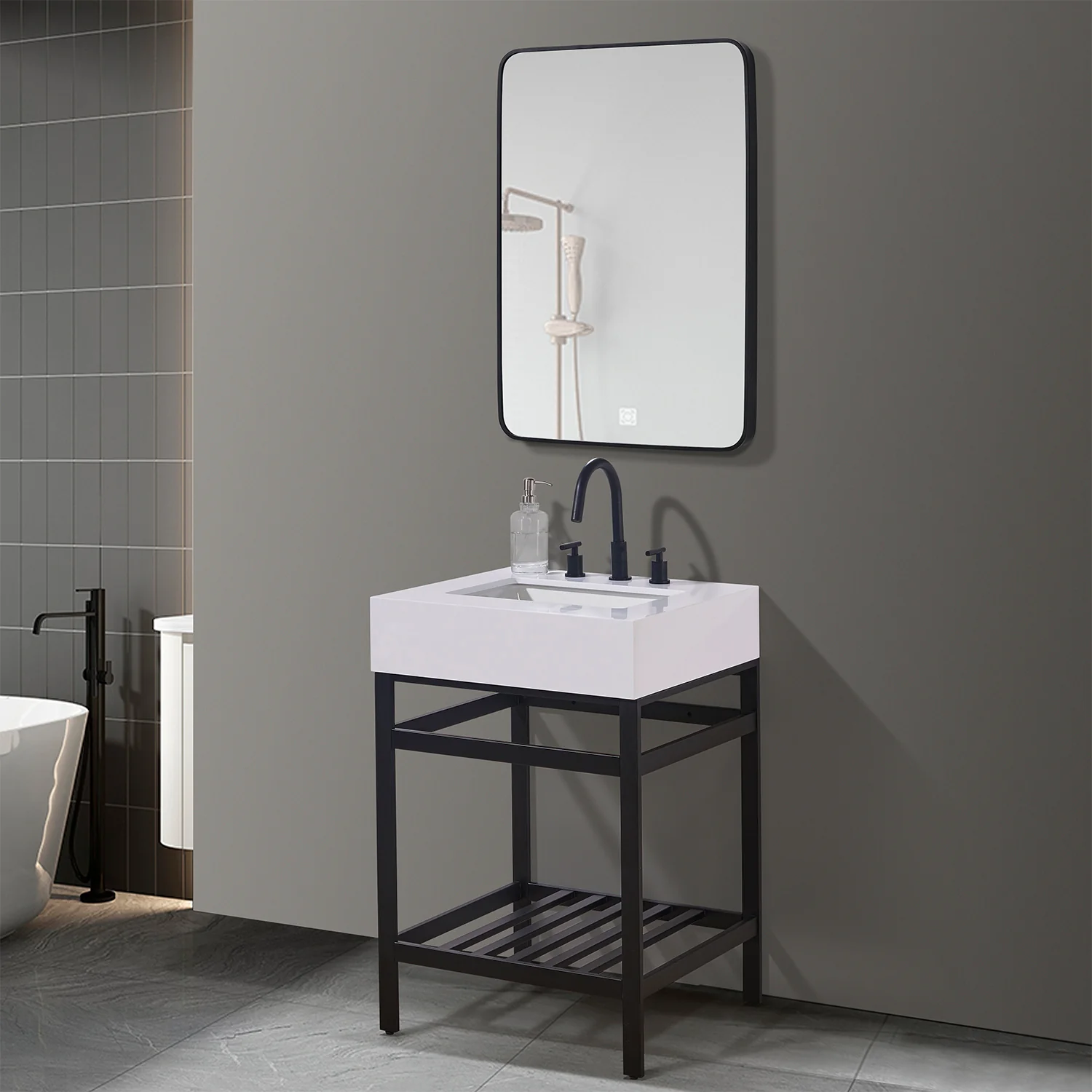 Altair Design Edolo 24" Single Stainless Steel Vanity Console in Matt Black with Snow White Stone Countertop - Image 3
