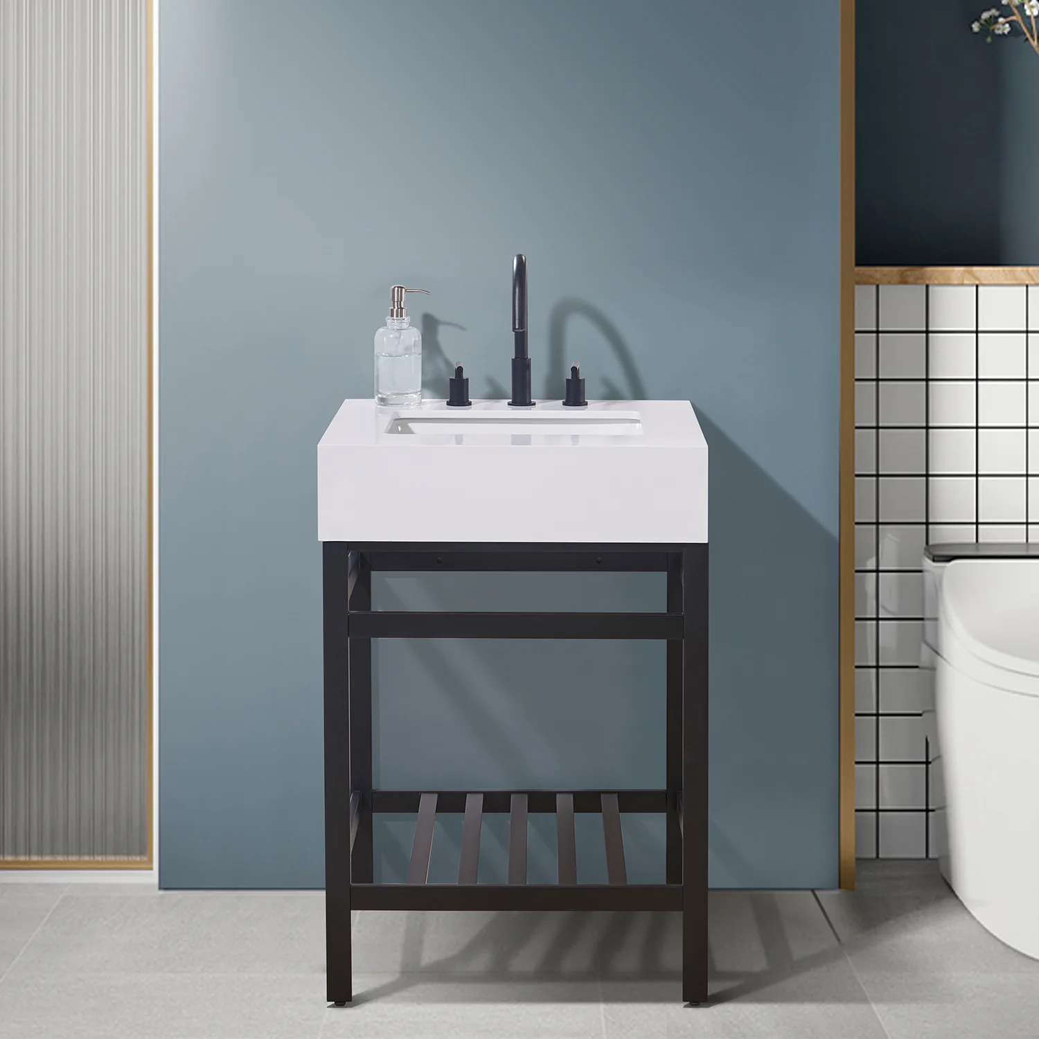 Altair Design Edolo 24" Single Stainless Steel Vanity Console in Matt Black with Snow White Stone Countertop - Image 8