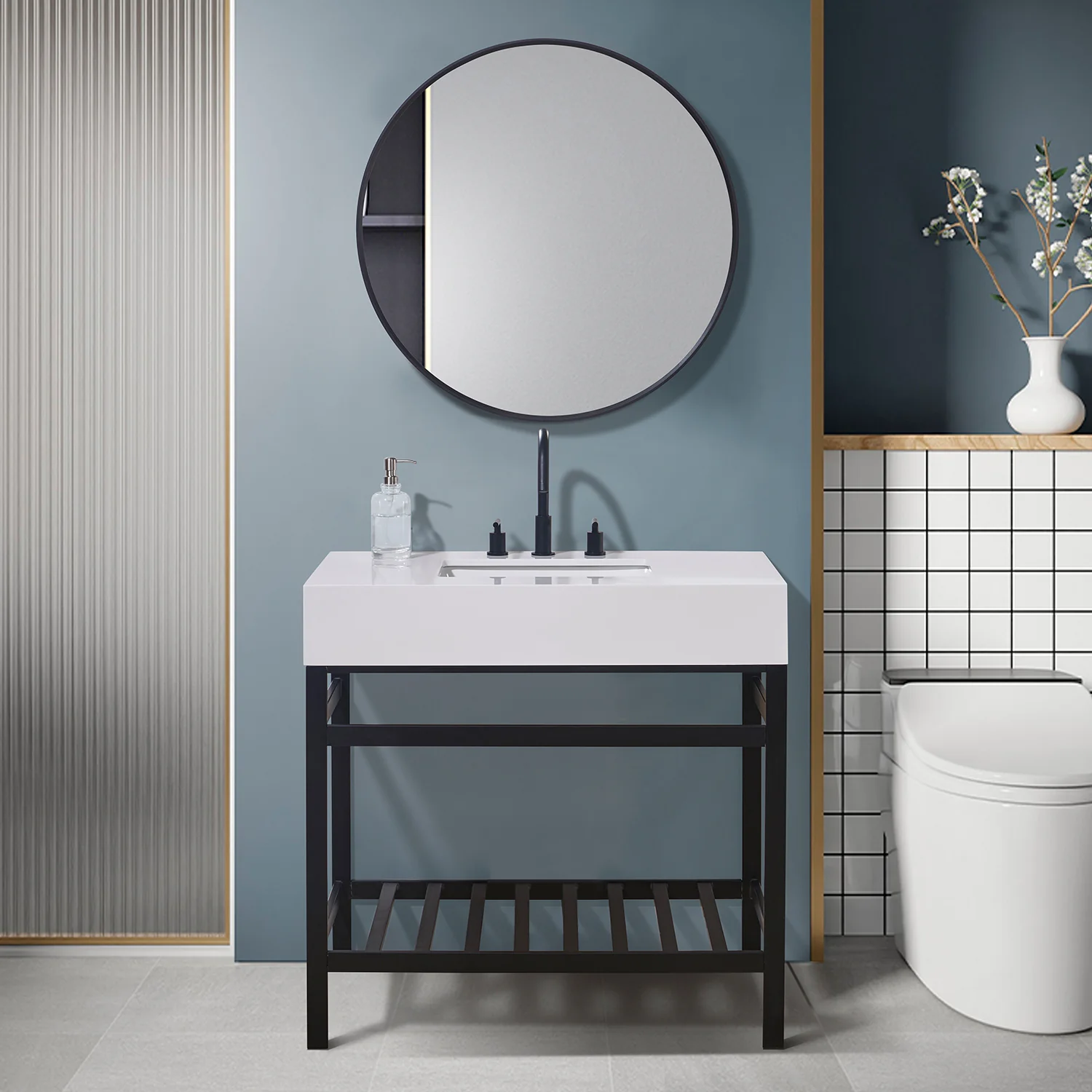 Altair Design Edolo 36" Single Stainless Steel Vanity Console in Matt Black with Snow White Stone Countertop