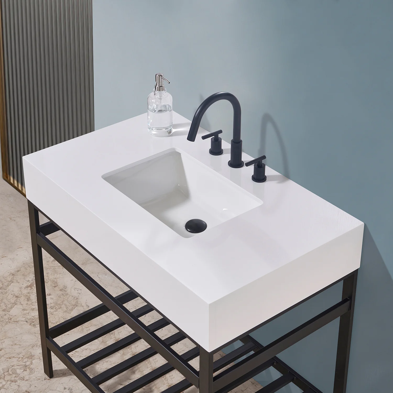 Altair Design Edolo 36" Single Stainless Steel Vanity Console in Matt Black with Snow White Stone Countertop - Image 11