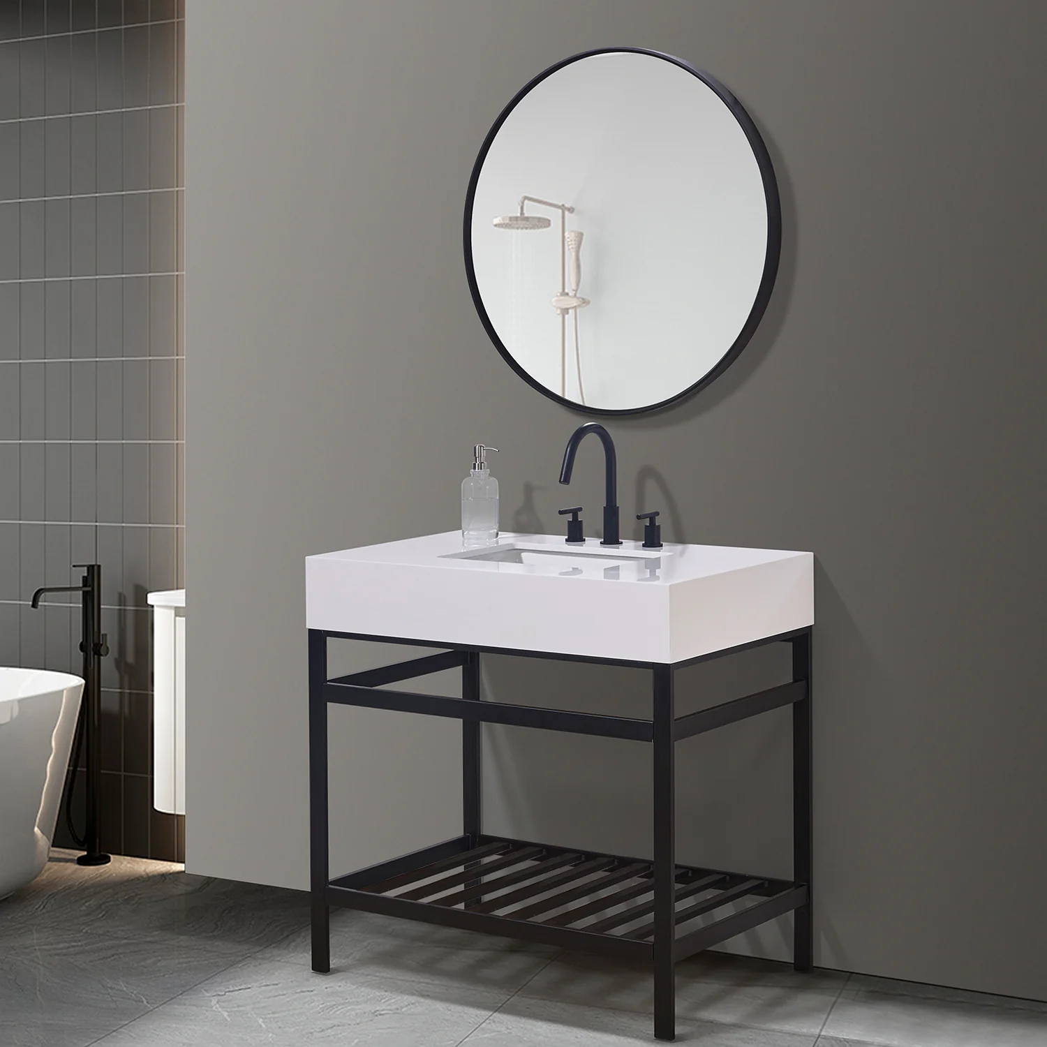 Altair Design Edolo 36" Single Stainless Steel Vanity Console in Matt Black with Snow White Stone Countertop - Image 3