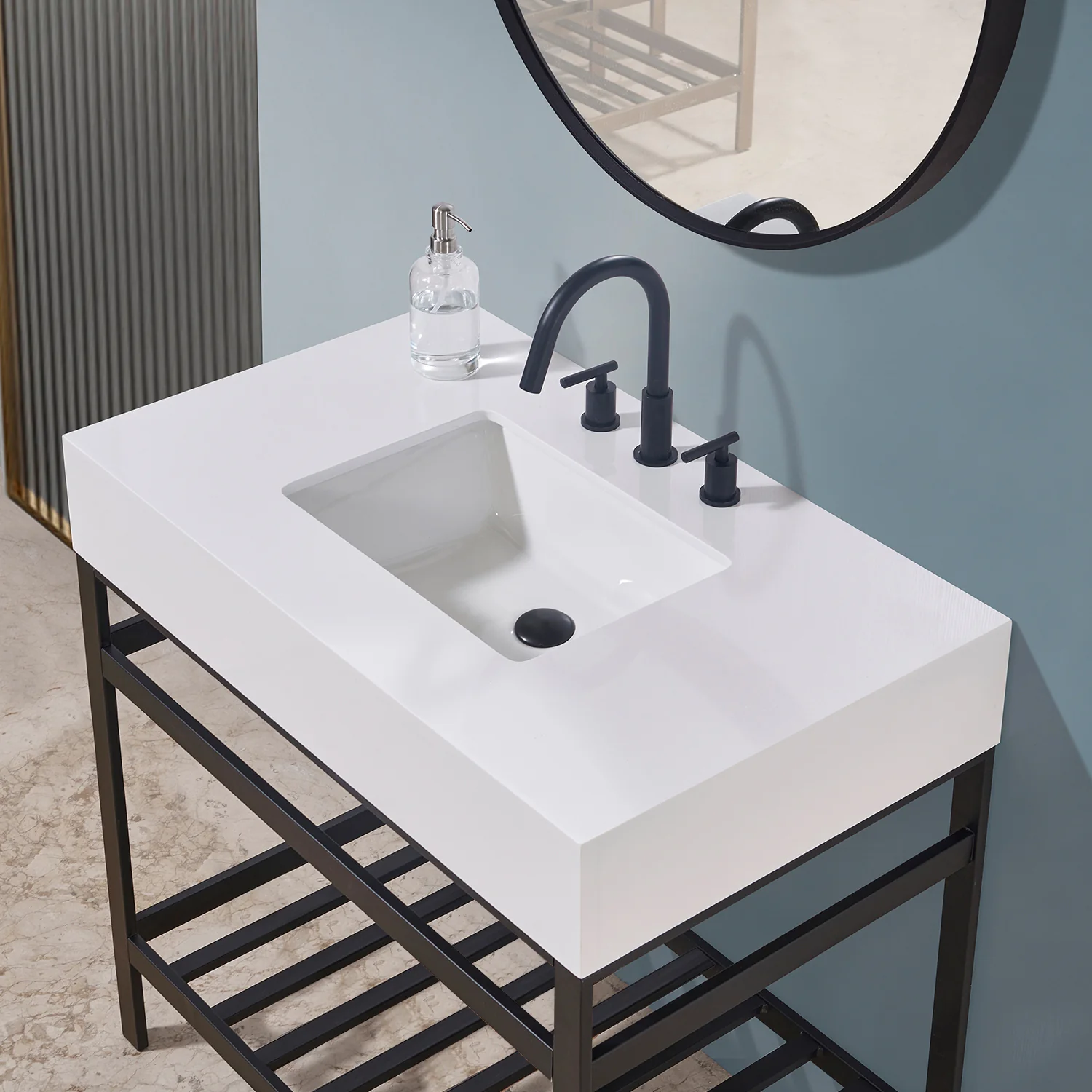 Altair Design Edolo 36" Single Stainless Steel Vanity Console in Matt Black with Snow White Stone Countertop - Image 5