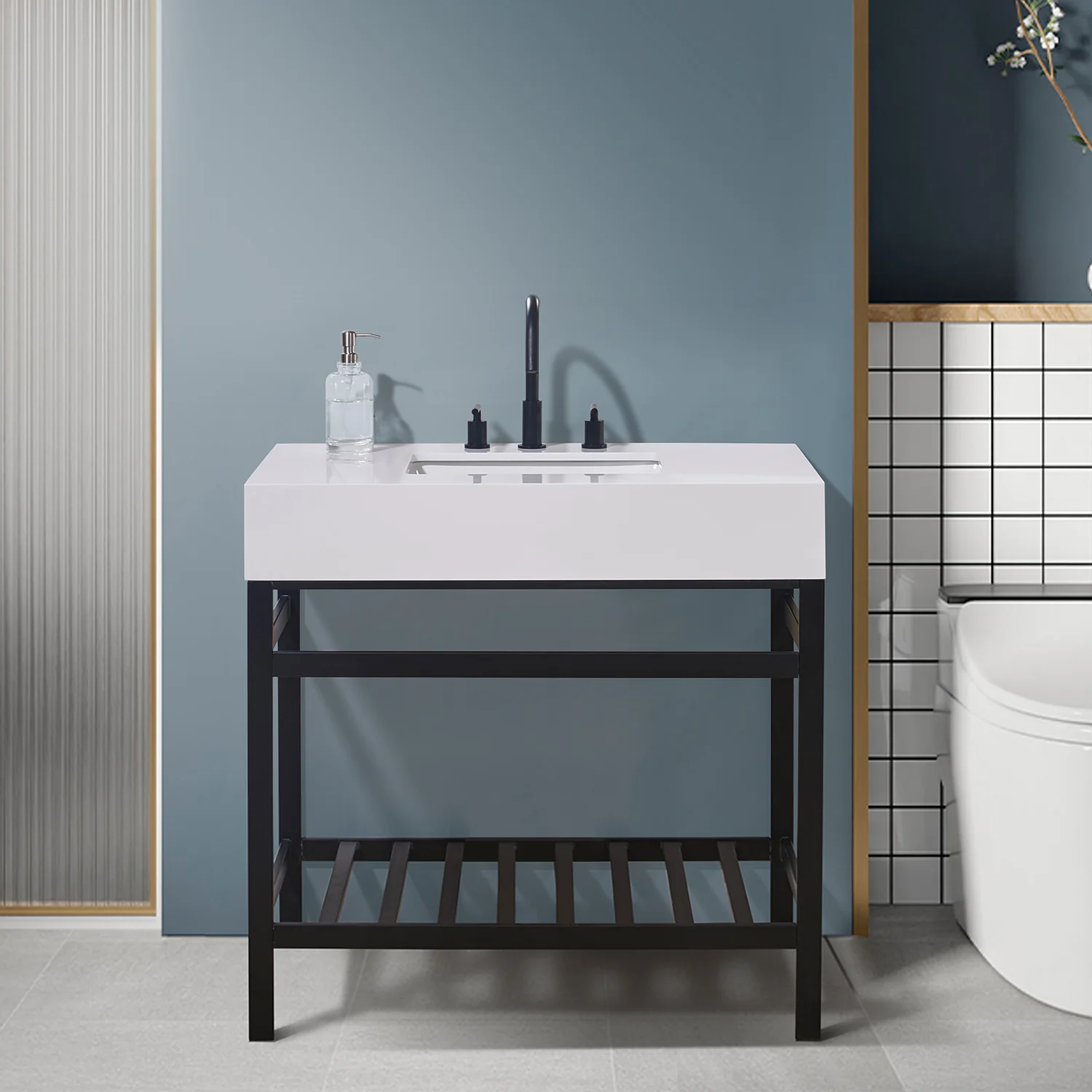 Altair Design Edolo 36" Single Stainless Steel Vanity Console in Matt Black with Snow White Stone Countertop - Image 7
