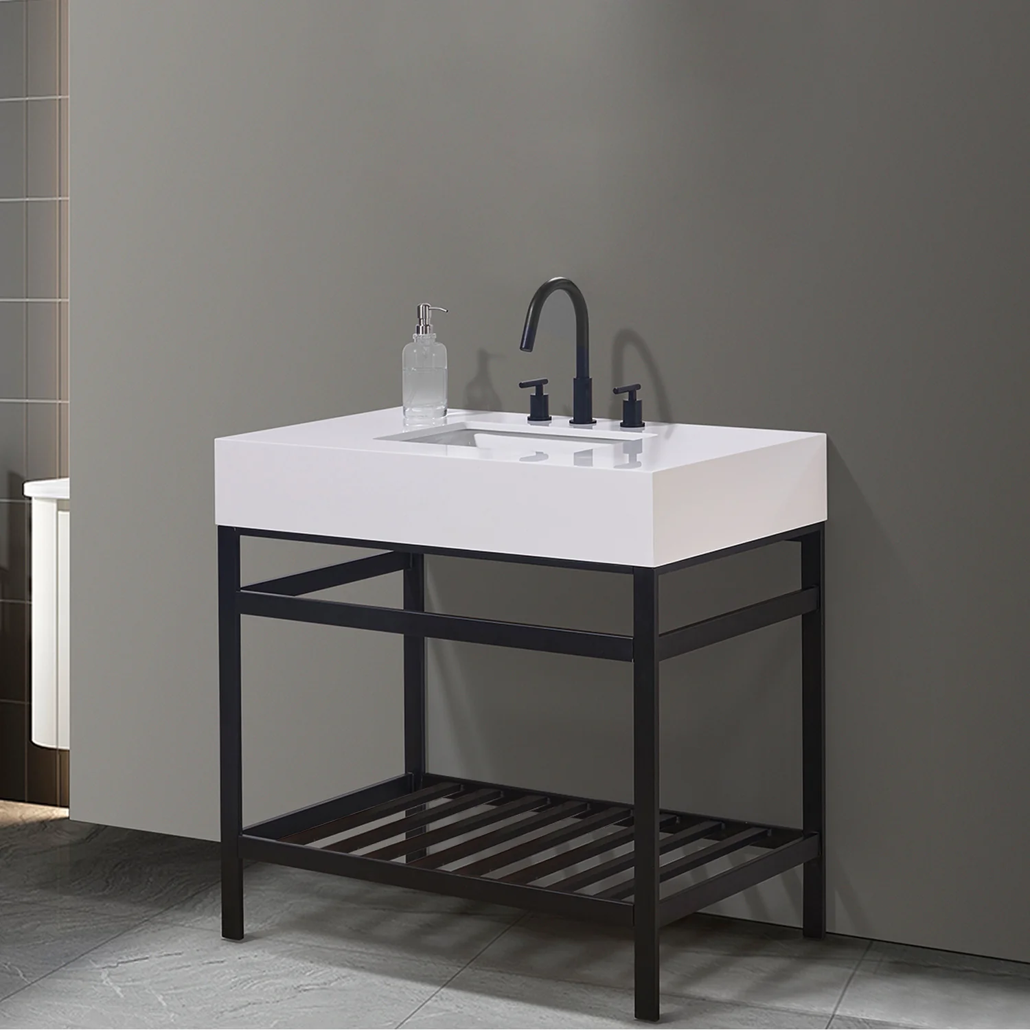 Altair Design Edolo 36" Single Stainless Steel Vanity Console in Matt Black with Snow White Stone Countertop - Image 9