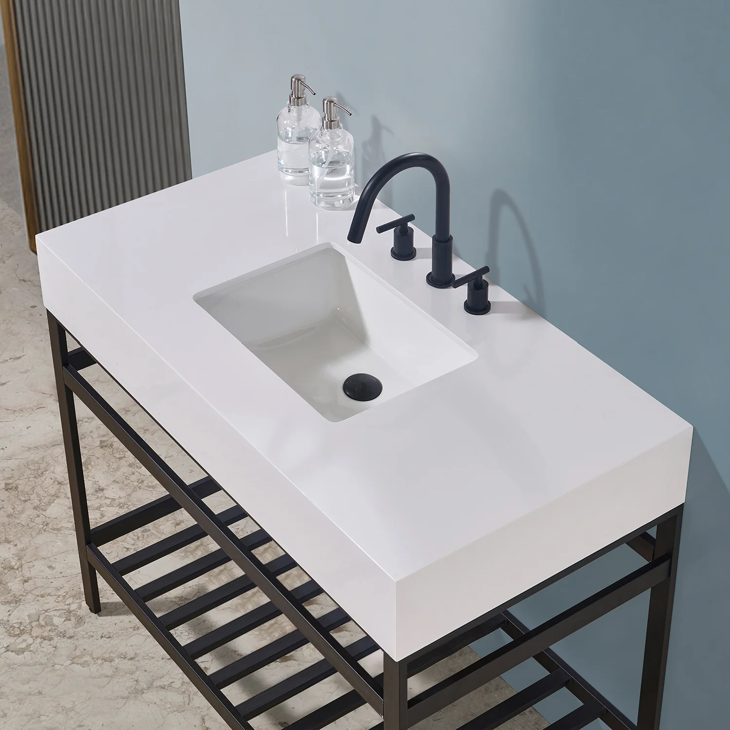 Altair Design Edolo 42" Single Stainless Steel Vanity Console in Matt Black with Snow White Stone Countertop - Image 11