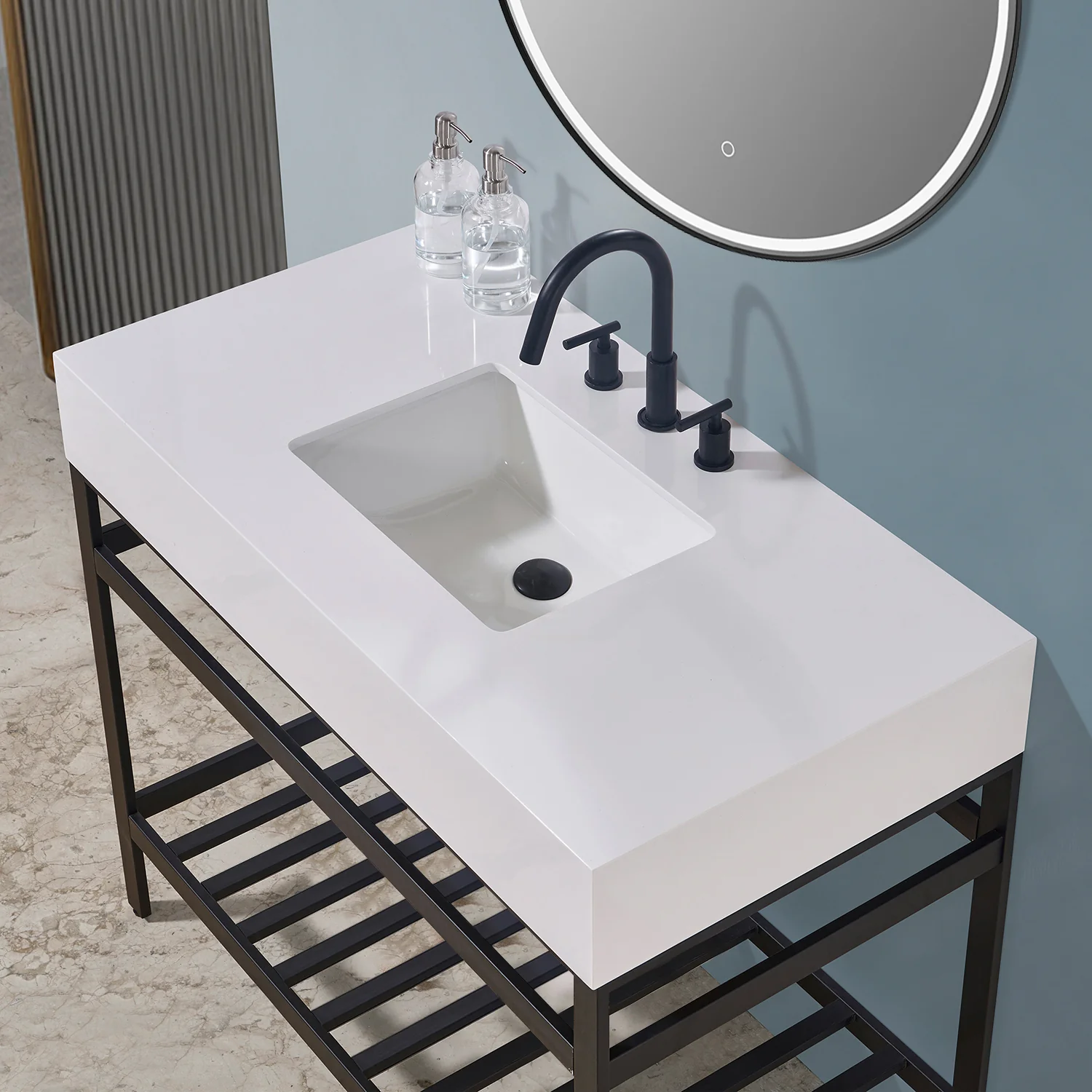 Altair Design Edolo 42" Single Stainless Steel Vanity Console in Matt Black with Snow White Stone Countertop - Image 5