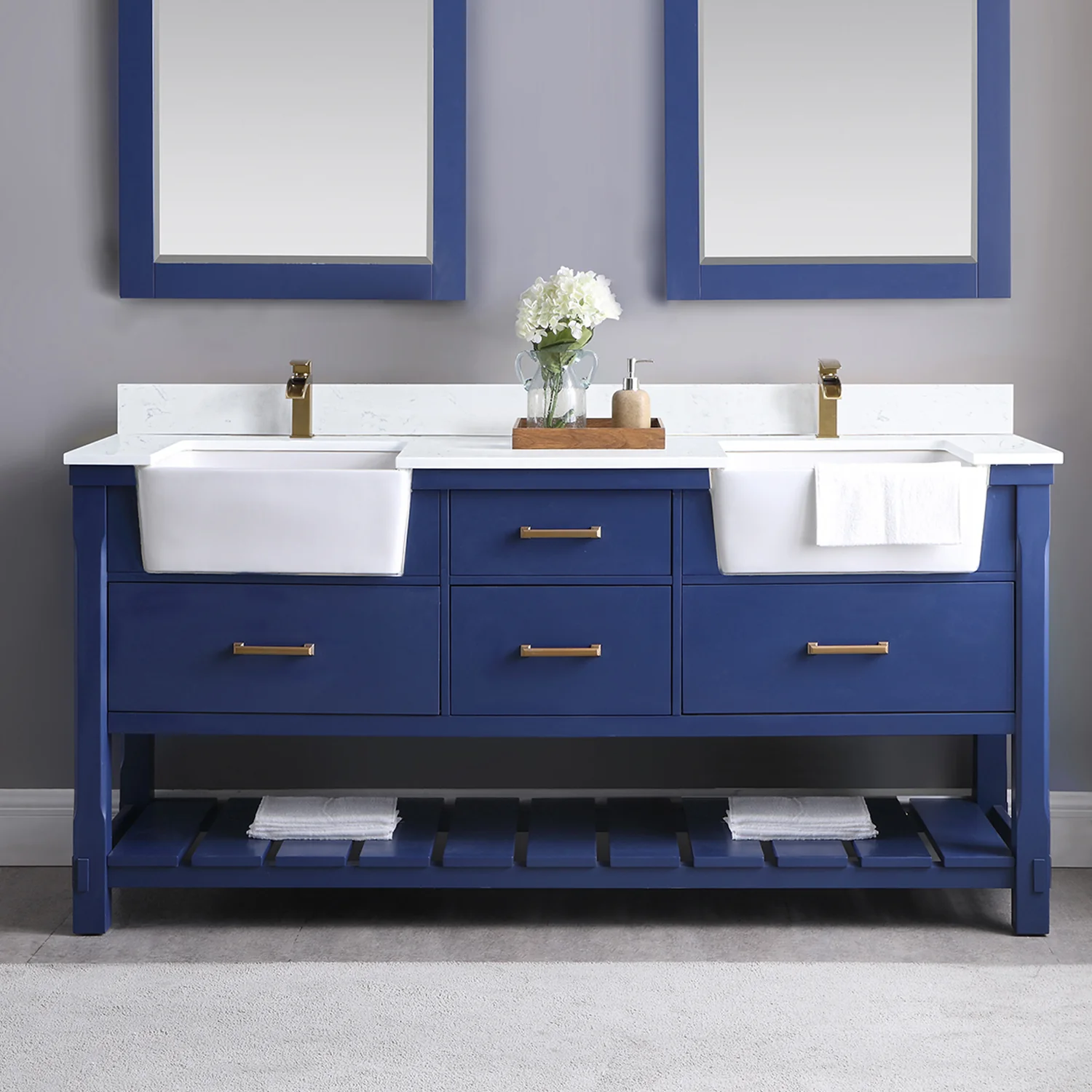 Altair Design Georgia 72" Double Bathroom Vanity Set in Jewelry Blue and Aosta White Composite Stone Top with White Farmhouse Basin - Image 3