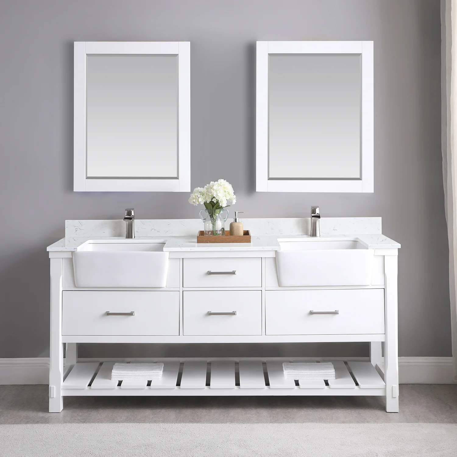 Altair Design Georgia 72" Double Bathroom Vanity Set in White and Aosta White Composite Stone Top with White Farmhouse Basin