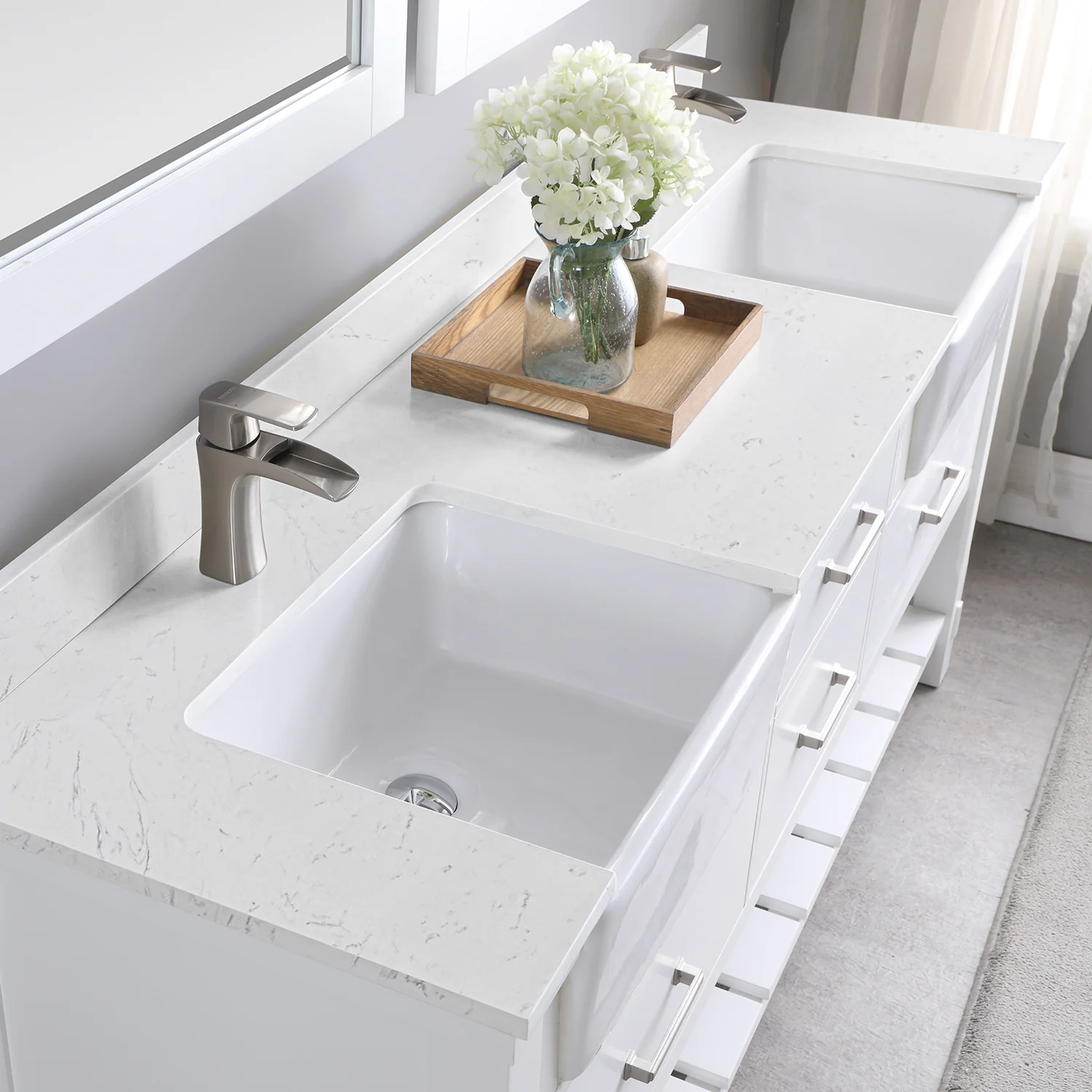 Altair Design Georgia 72" Double Bathroom Vanity Set in White and Aosta White Composite Stone Top with White Farmhouse Basin - Image 10