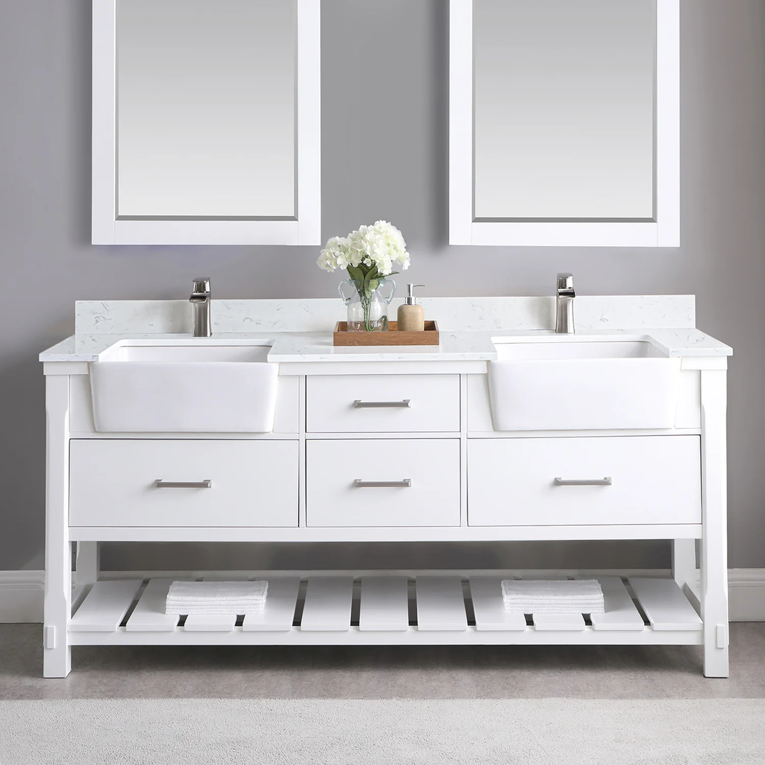 Altair Design Georgia 72" Double Bathroom Vanity Set in White and Aosta White Composite Stone Top with White Farmhouse Basin - Image 3