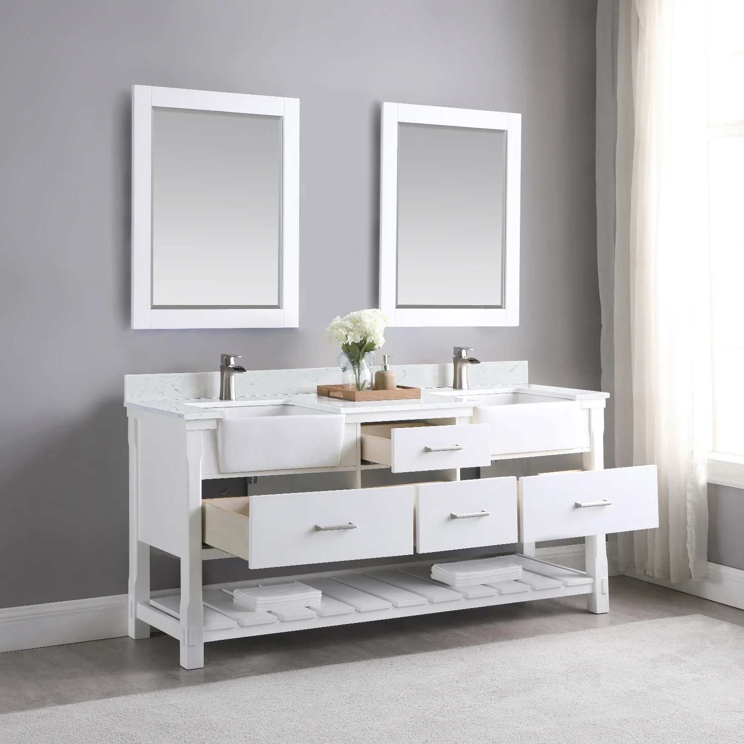 Altair Design Georgia 72" Double Bathroom Vanity Set in White and Aosta White Composite Stone Top with White Farmhouse Basin - Image 4