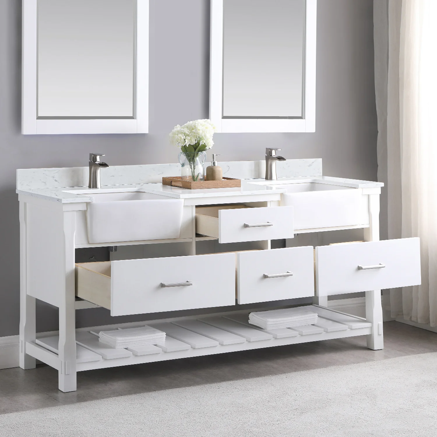 Altair Design Georgia 72" Double Bathroom Vanity Set in White and Aosta White Composite Stone Top with White Farmhouse Basin - Image 5