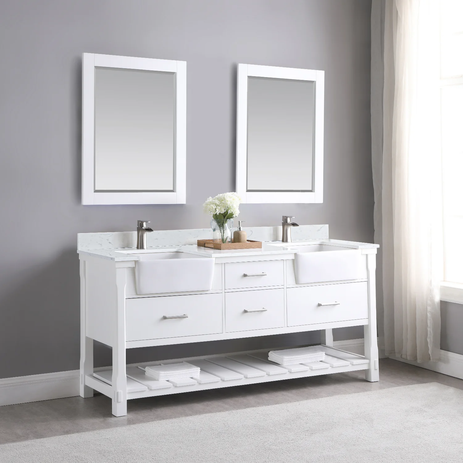 Altair Design Georgia 72" Double Bathroom Vanity Set in White and Aosta White Composite Stone Top with White Farmhouse Basin - Image 6