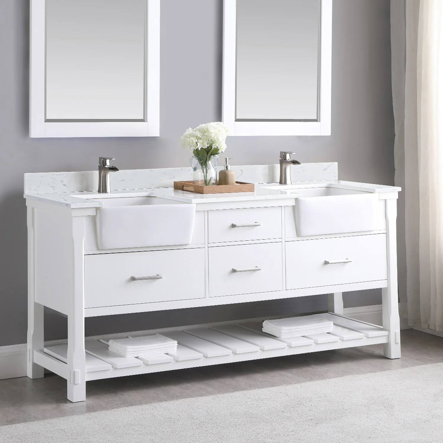 Altair Design Georgia 72" Double Bathroom Vanity Set in White and Aosta White Composite Stone Top with White Farmhouse Basin - Image 7