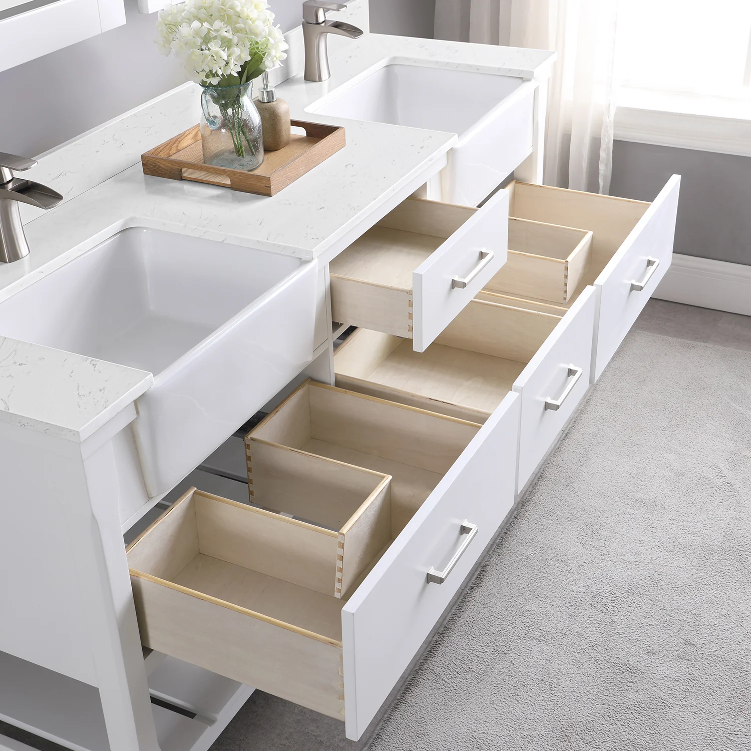 Altair Design Georgia 72" Double Bathroom Vanity Set in White and Aosta White Composite Stone Top with White Farmhouse Basin - Image 8