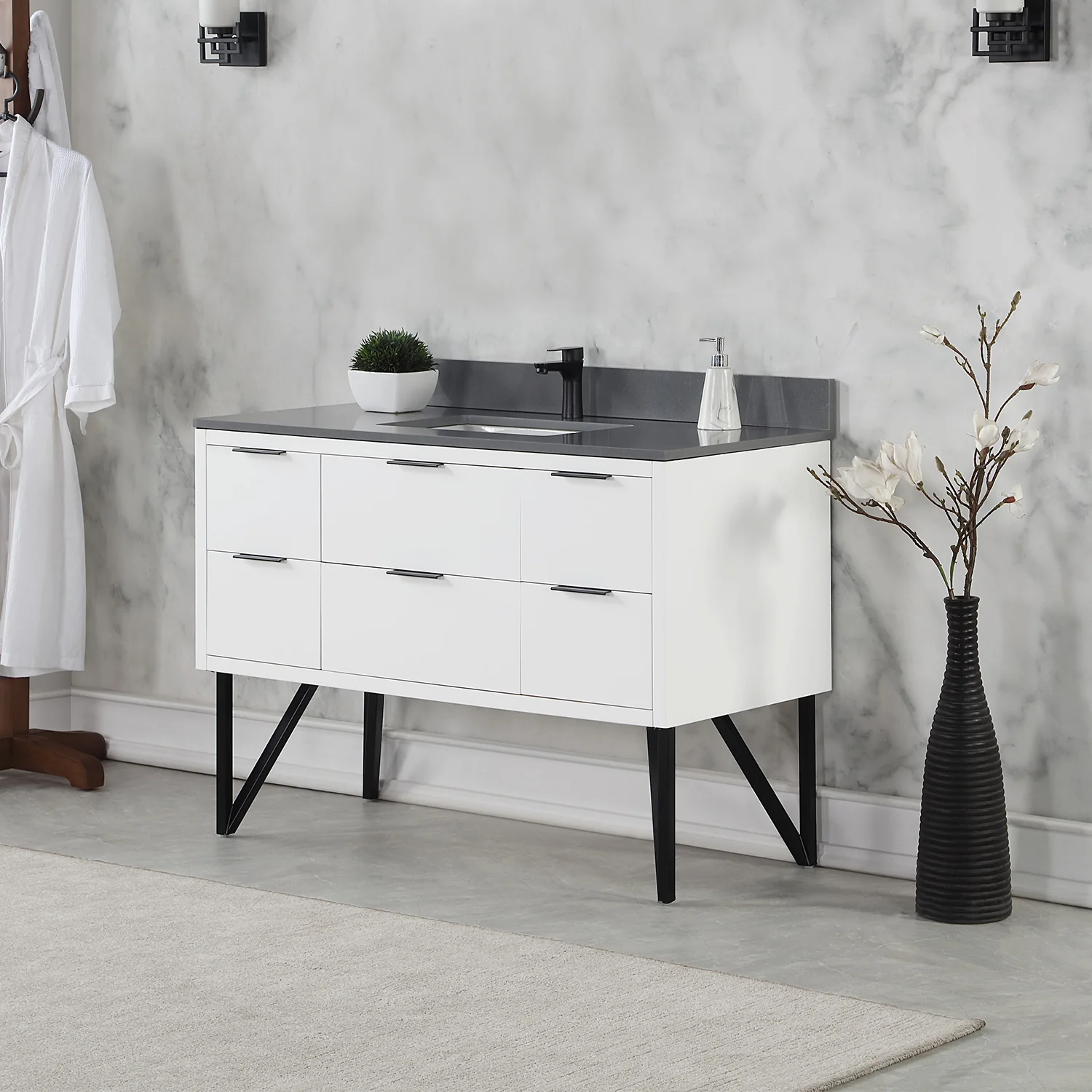 Altair Design Helios 48" Single Bathroom Vanity in White with Concrete Gray Composite Stone Countertop - Image 11