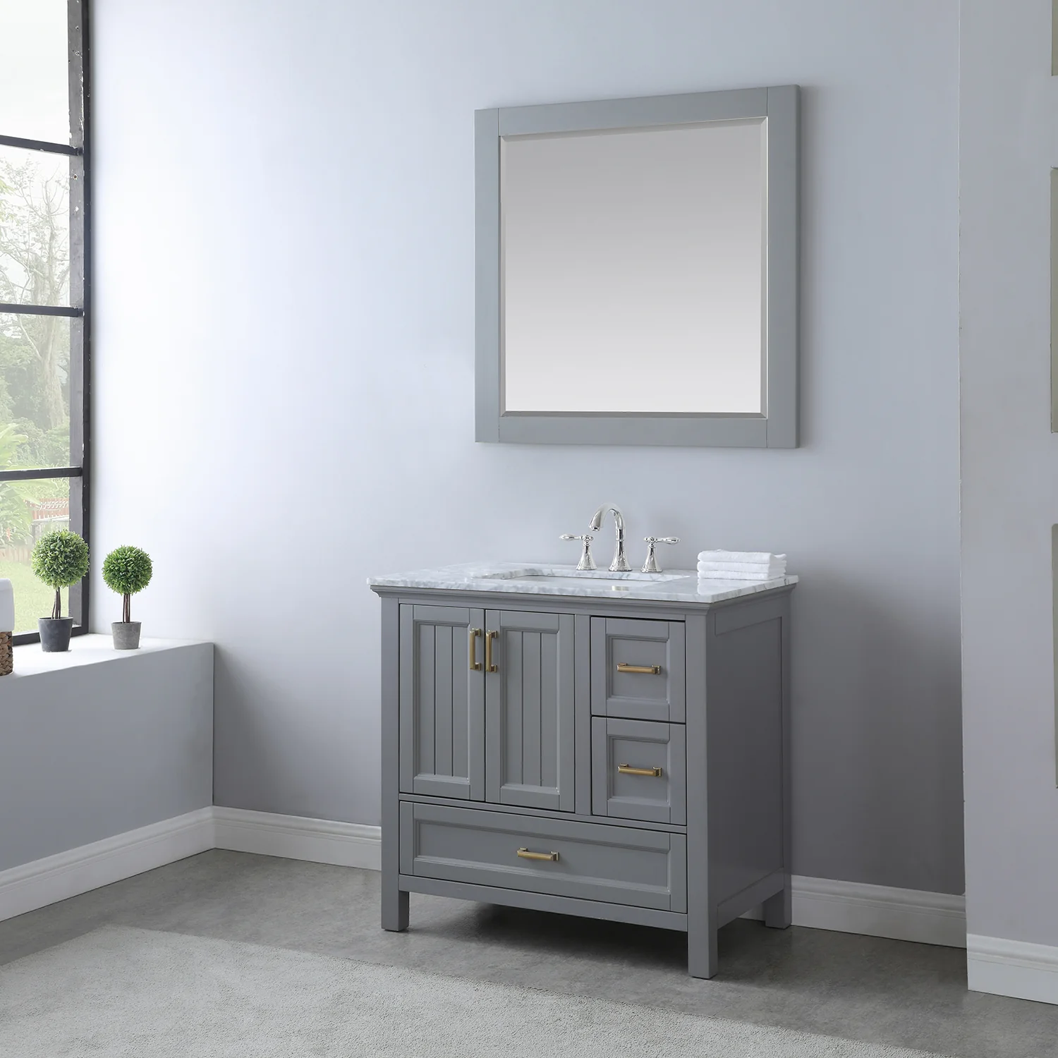 Altair Design Isla 36" Single Bathroom Vanity Set in Gray and Carrara White Marble Countertop - Image 3