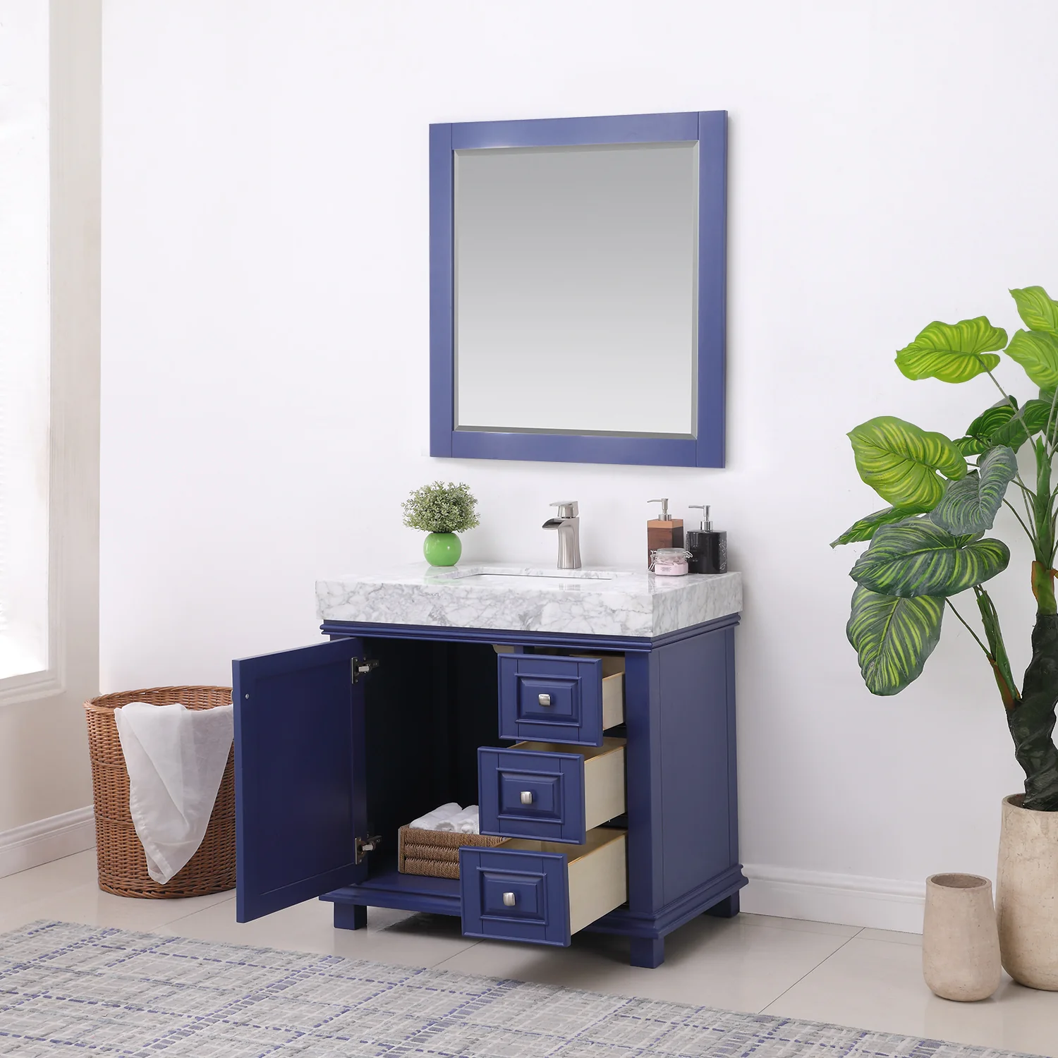 Altair Design Jardin 36" Single Bathroom Vanity Set in Jewelry Blue and Carrara White Marble Countertop - Image 4