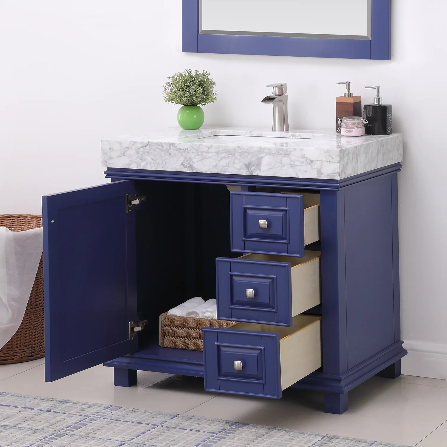 Altair Design Jardin 36" Single Bathroom Vanity Set in Jewelry Blue and Carrara White Marble Countertop - Image 5