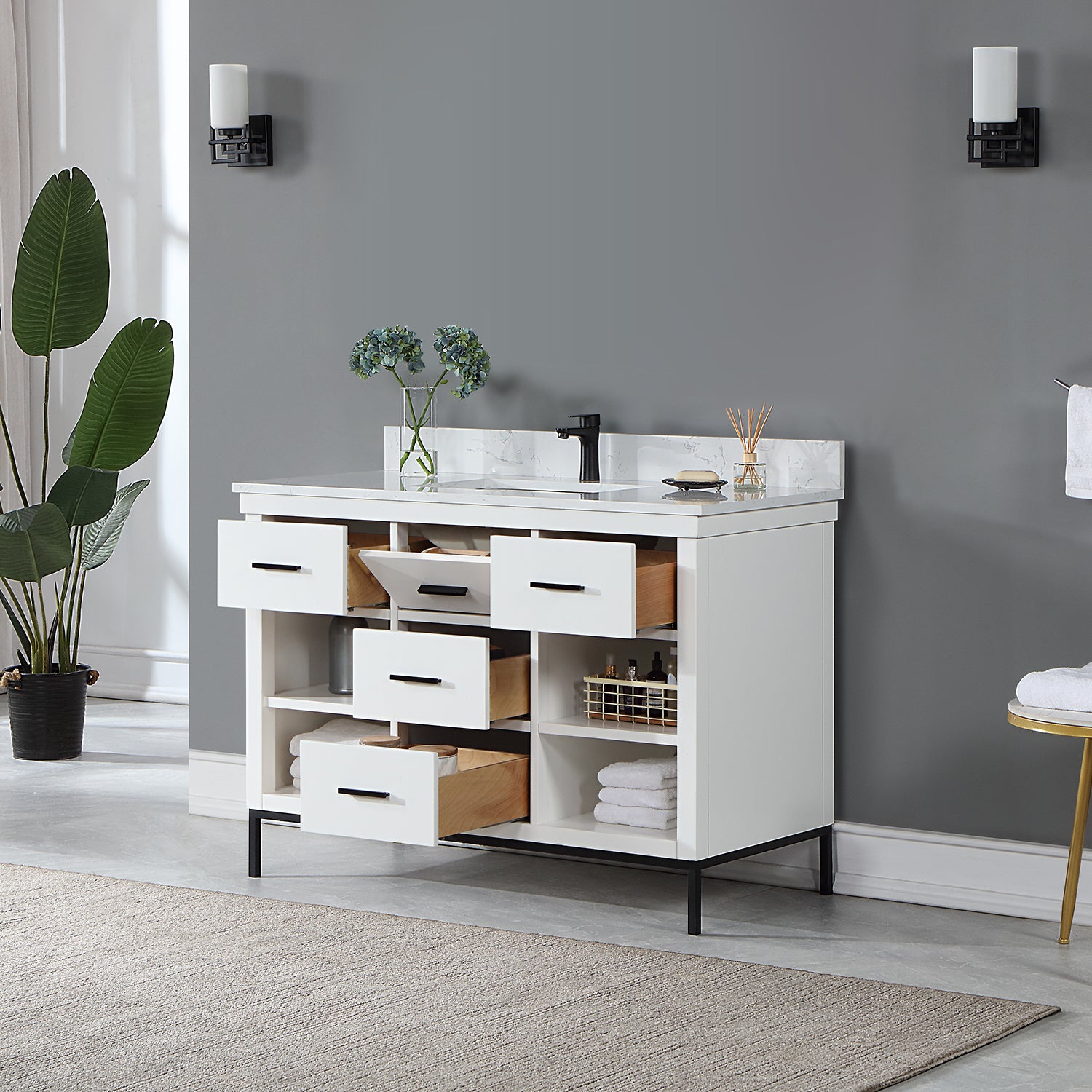 Altair Design Kesia 48" Single Bathroom Vanity Set in White with Aosta White Composite Stone Countertop - Image 13