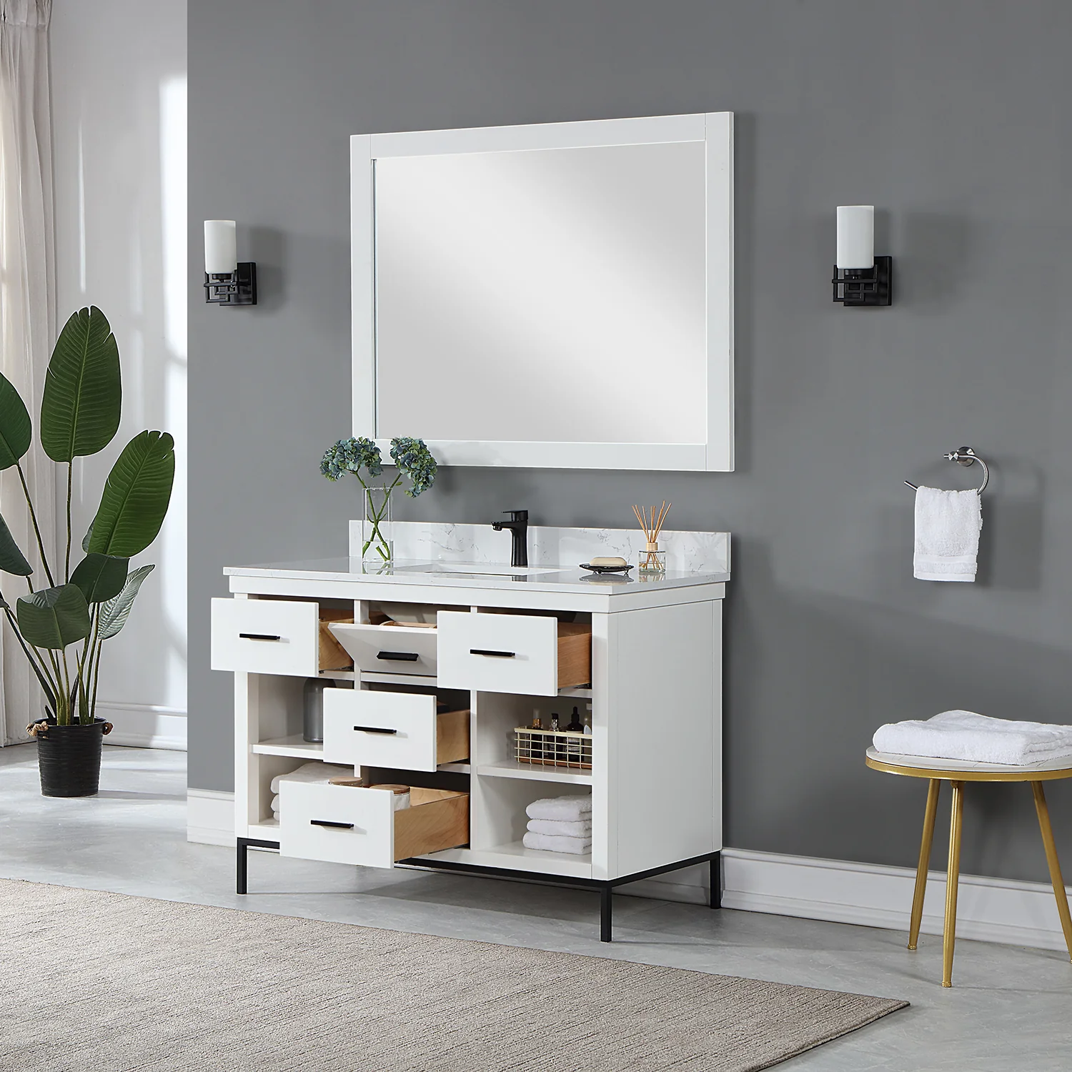 Altair Design Kesia 48" Single Bathroom Vanity Set in White with Aosta White Composite Stone Countertop - Image 5