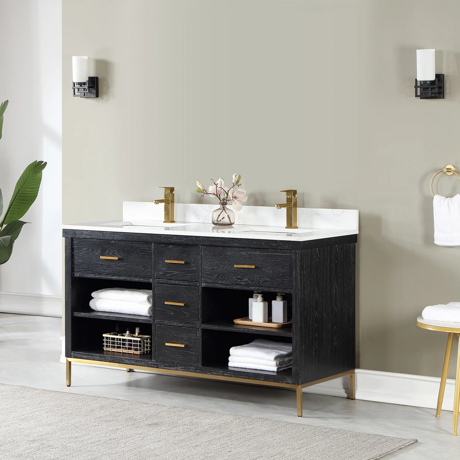 Altair Design Kesia 60" Double Bathroom Vanity Set in Black Oak with Aosta White Composite Stone Countertop - Image 11