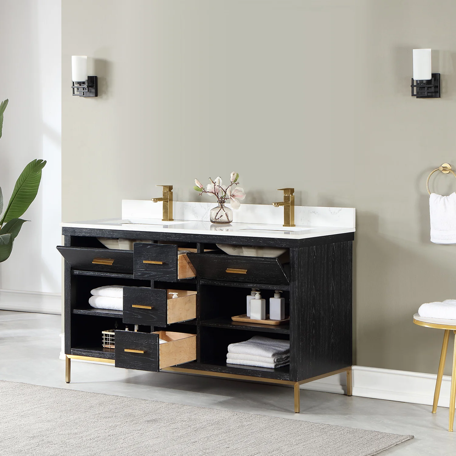 Altair Design Kesia 60" Double Bathroom Vanity Set in Black Oak with Aosta White Composite Stone Countertop - Image 13
