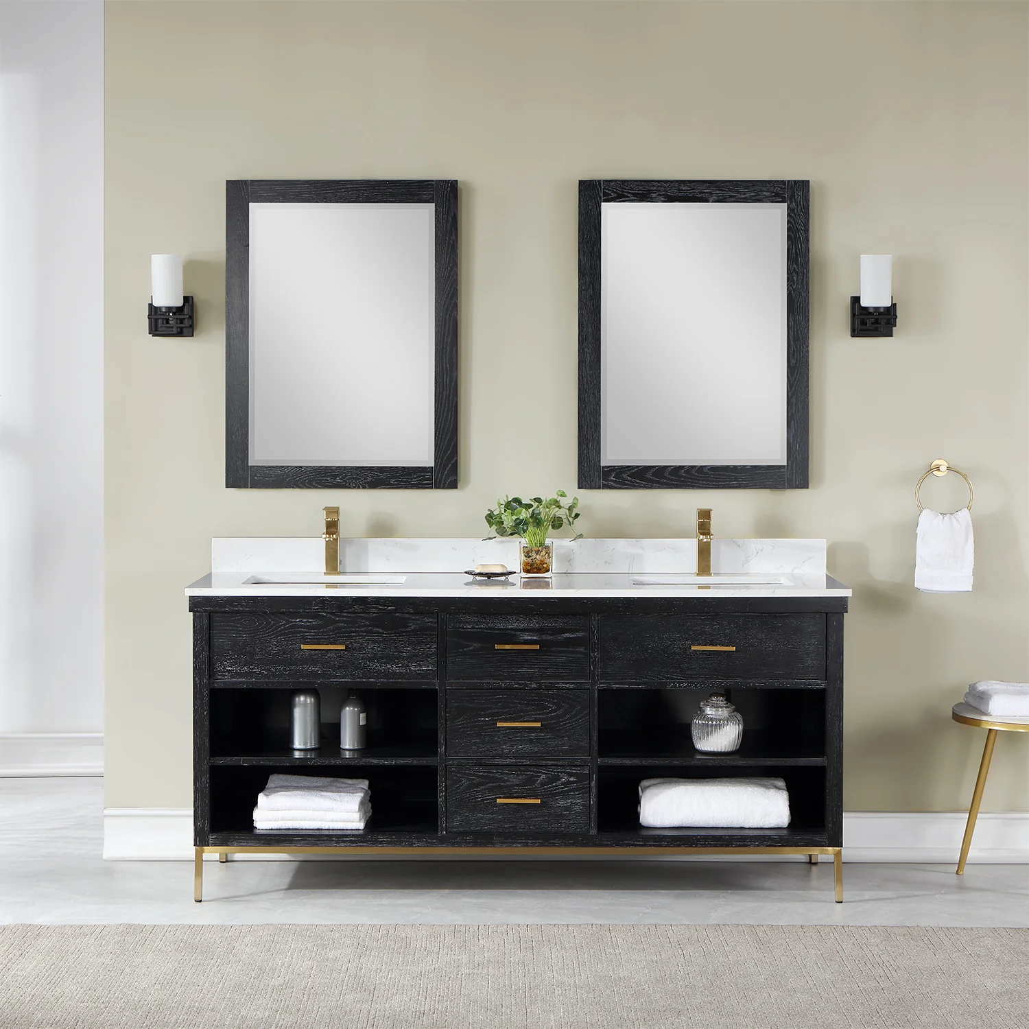 Altair Design Kesia 72" Double Bathroom Vanity Set in Black Oak with Aosta White Composite Stone Countertop