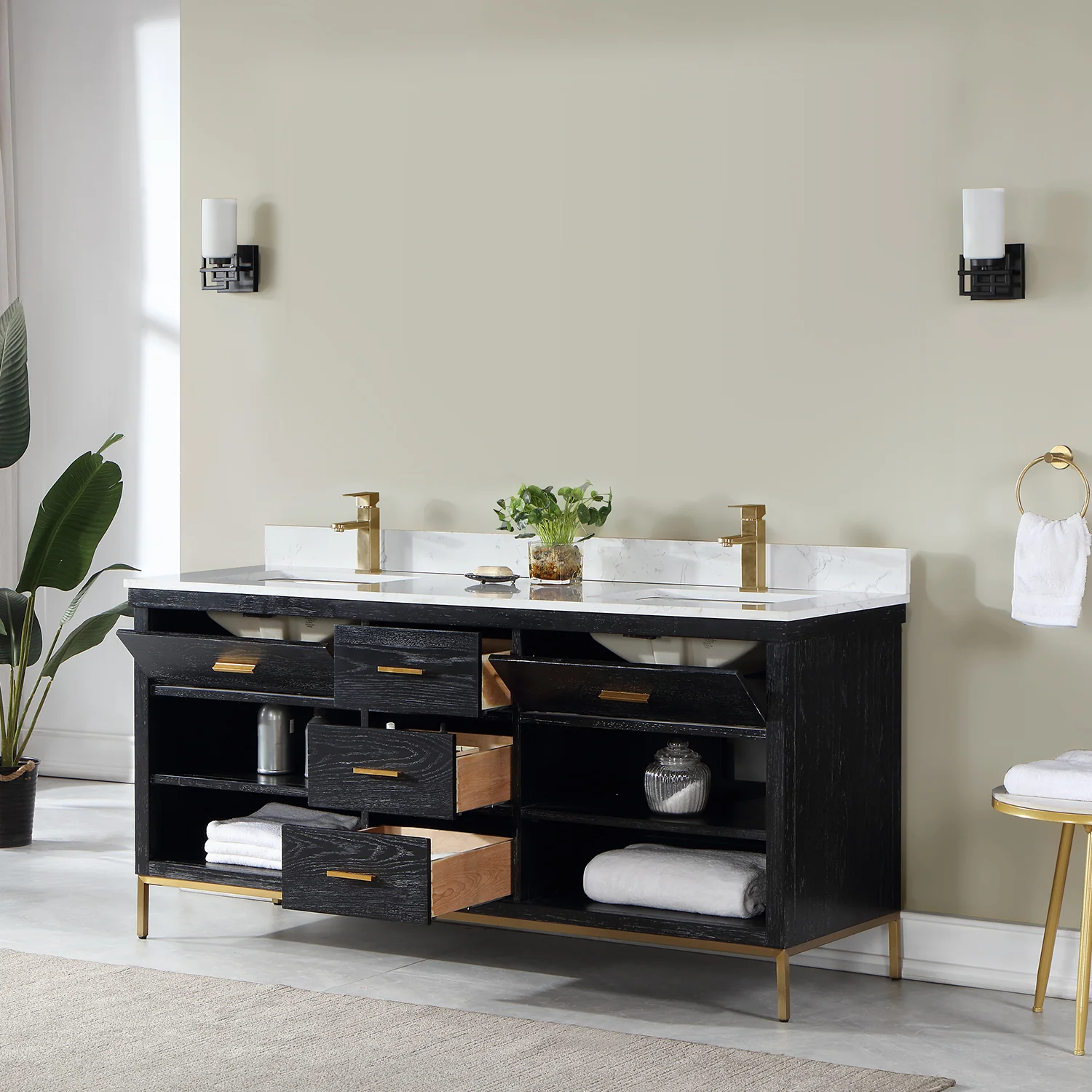 Altair Design Kesia 72" Double Bathroom Vanity Set in Black Oak with Aosta White Composite Stone Countertop - Image 13