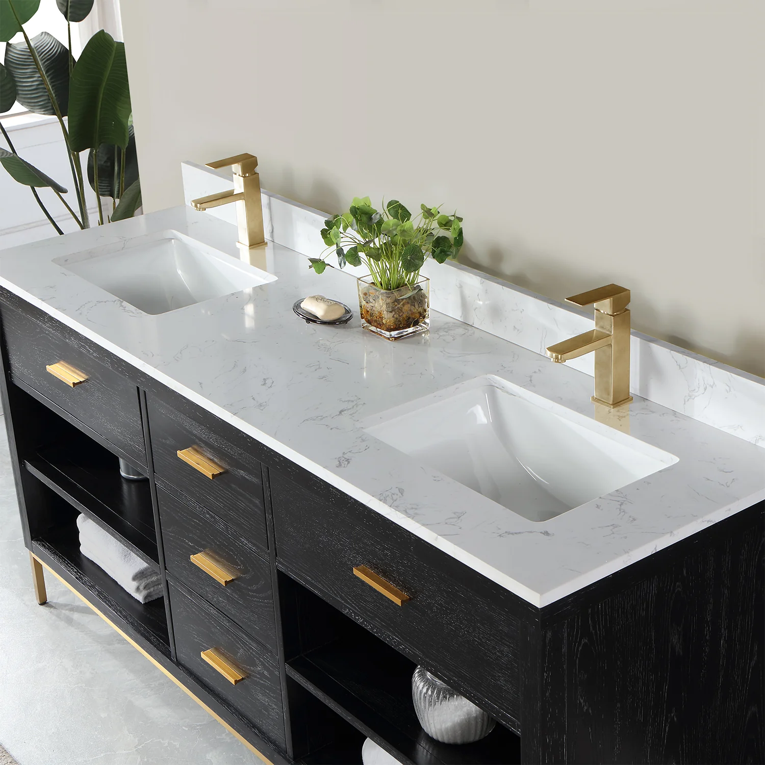 Altair Design Kesia 72" Double Bathroom Vanity Set in Black Oak with Aosta White Composite Stone Countertop - Image 16