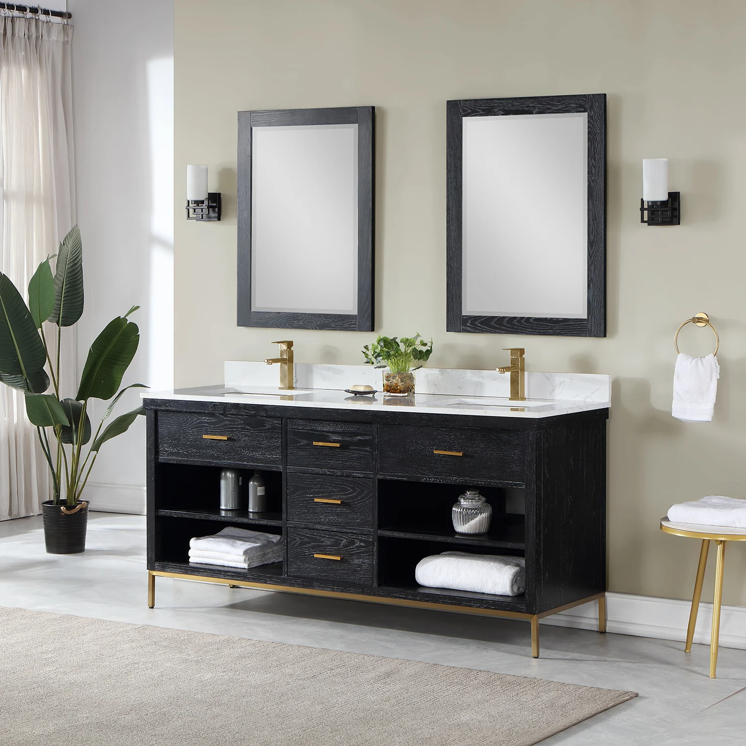 Altair Design Kesia 72" Double Bathroom Vanity Set in Black Oak with Aosta White Composite Stone Countertop - Image 3