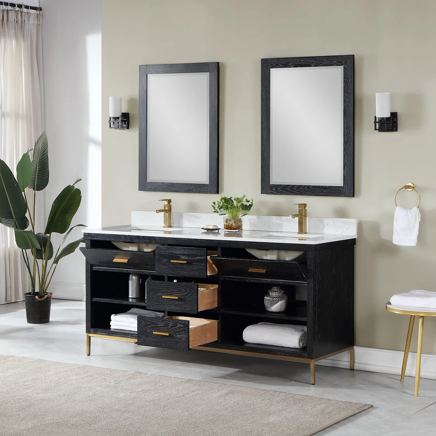 Altair Design Kesia 72" Double Bathroom Vanity Set in Black Oak with Aosta White Composite Stone Countertop - Image 5