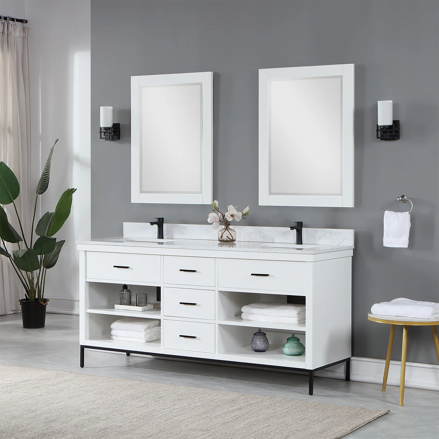 Altair Design Kesia 72" Double Bathroom Vanity Set in White with Aosta White Composite Stone Countertop - Image 3
