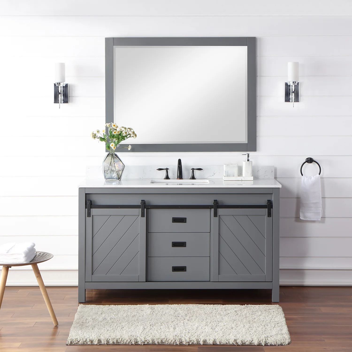 Altair Design Kinsley 60" Single Bathroom Vanity Set in Gray and Aosta White Composite Stone Countertop