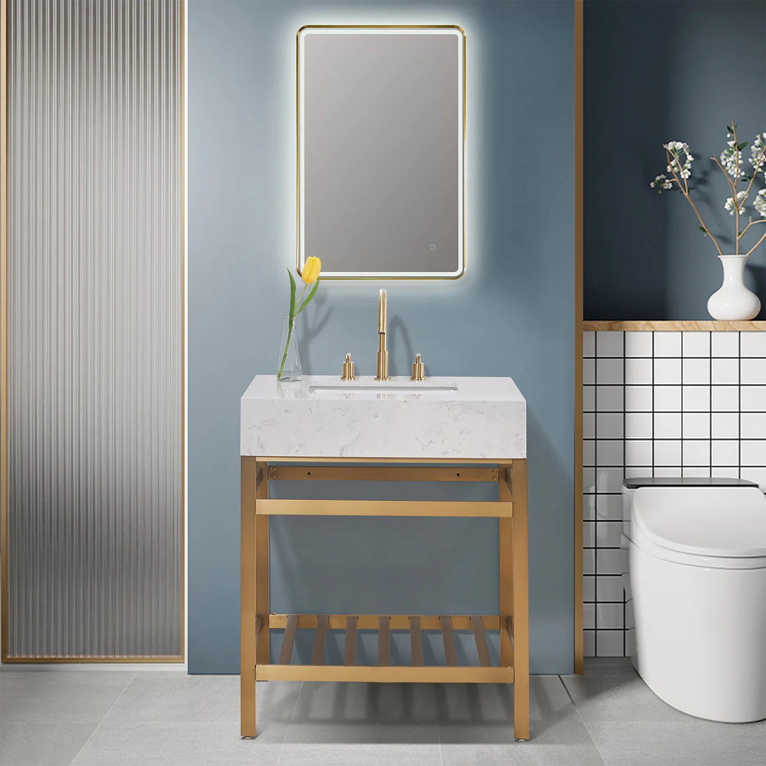 Altair Design Merano 30" Single Stainless Steel Vanity Console in Brushed Gold with Aosta White Stone Countertop