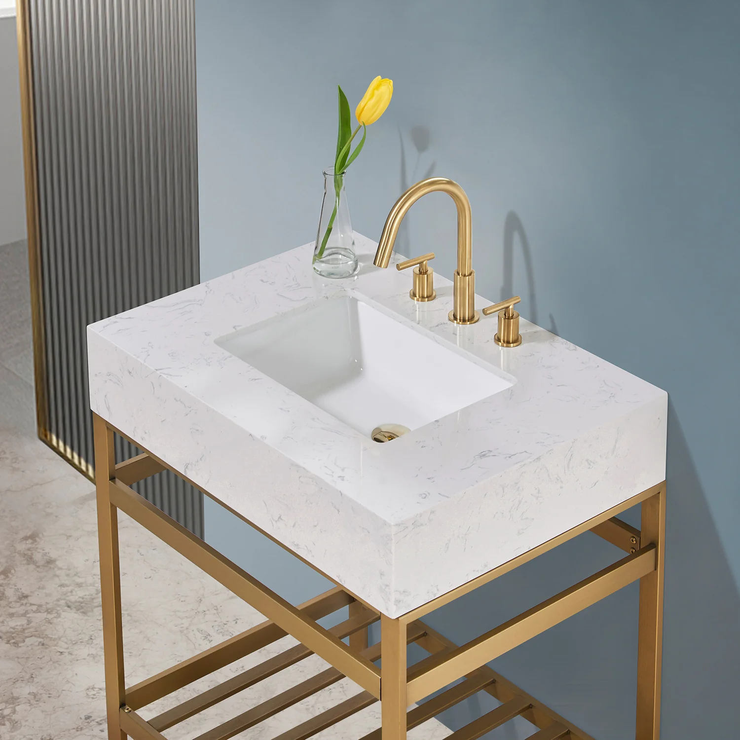 Altair Design Merano 30" Single Stainless Steel Vanity Console in Brushed Gold with Aosta White Stone Countertop - Image 11