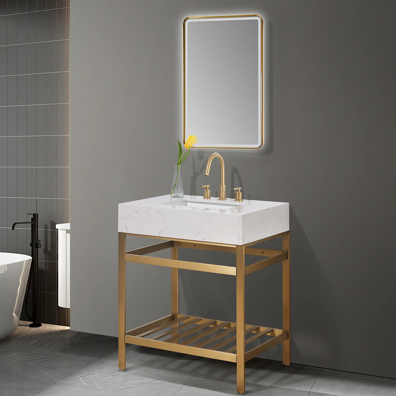 Altair Design Merano 30" Single Stainless Steel Vanity Console in Brushed Gold with Aosta White Stone Countertop - Image 3