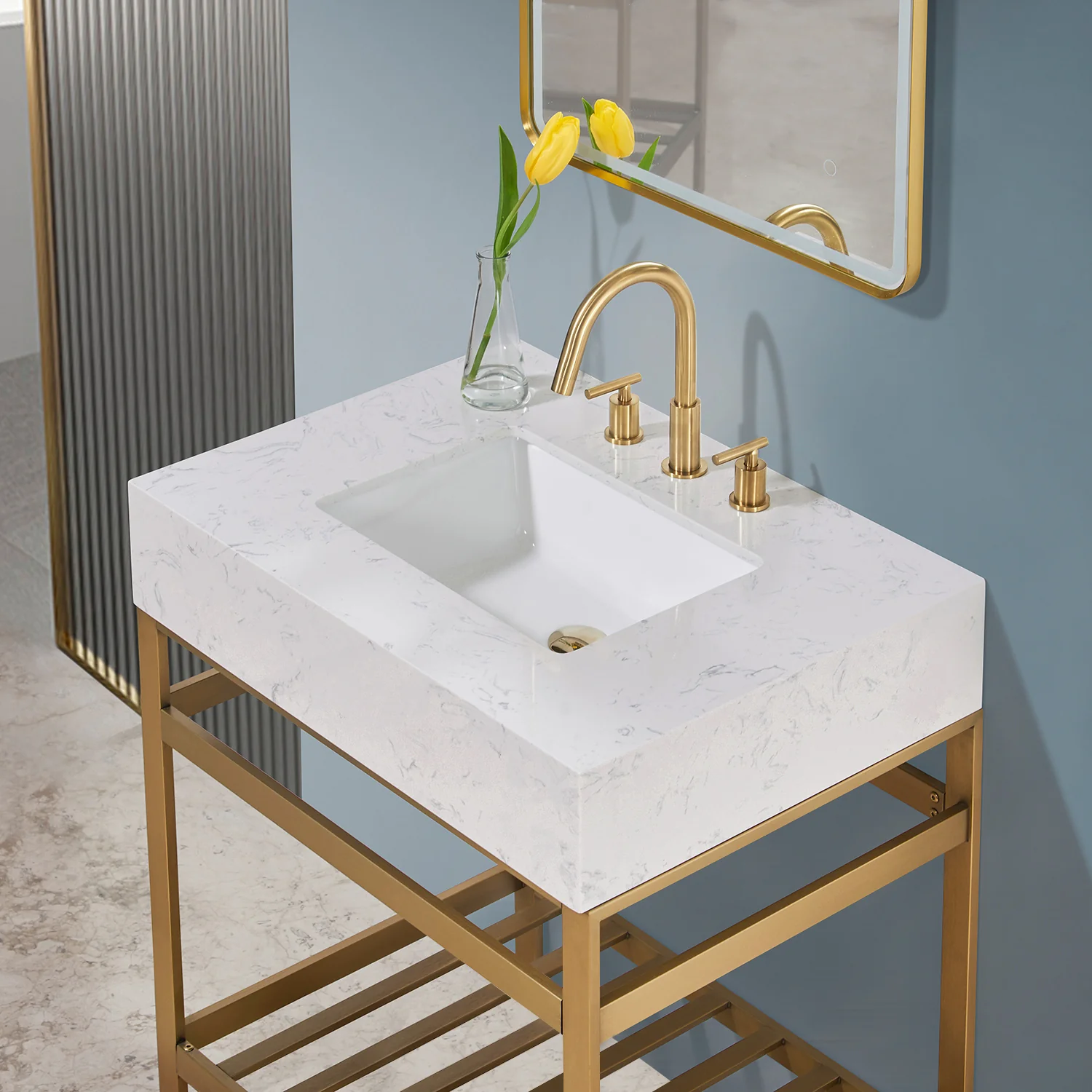 Altair Design Merano 30" Single Stainless Steel Vanity Console in Brushed Gold with Aosta White Stone Countertop - Image 5